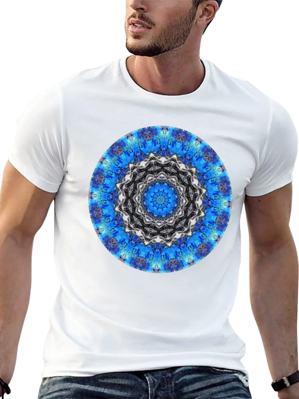 Blue Mandala Graphic Print Mens Black T-Shirt