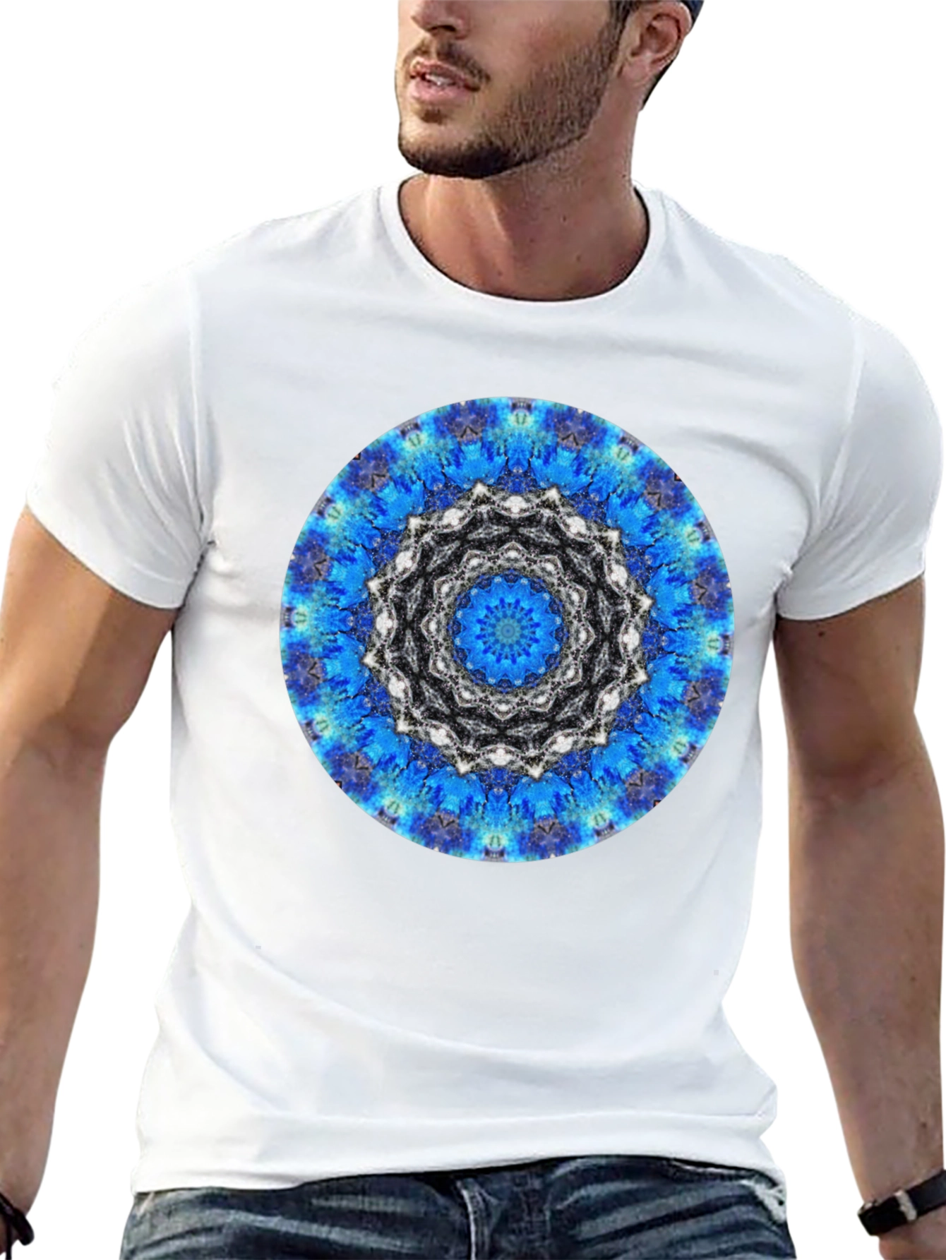 Blue Mandala Graphic Print Mens Black T-Shirt