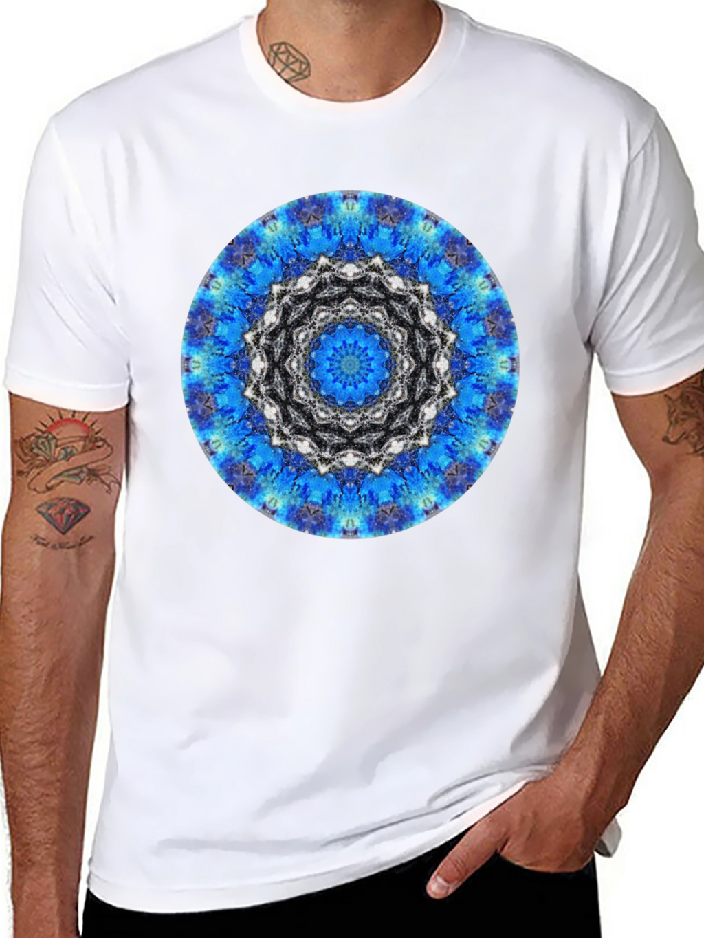 Blue Mandala Graphic Print Mens Black T-Shirt