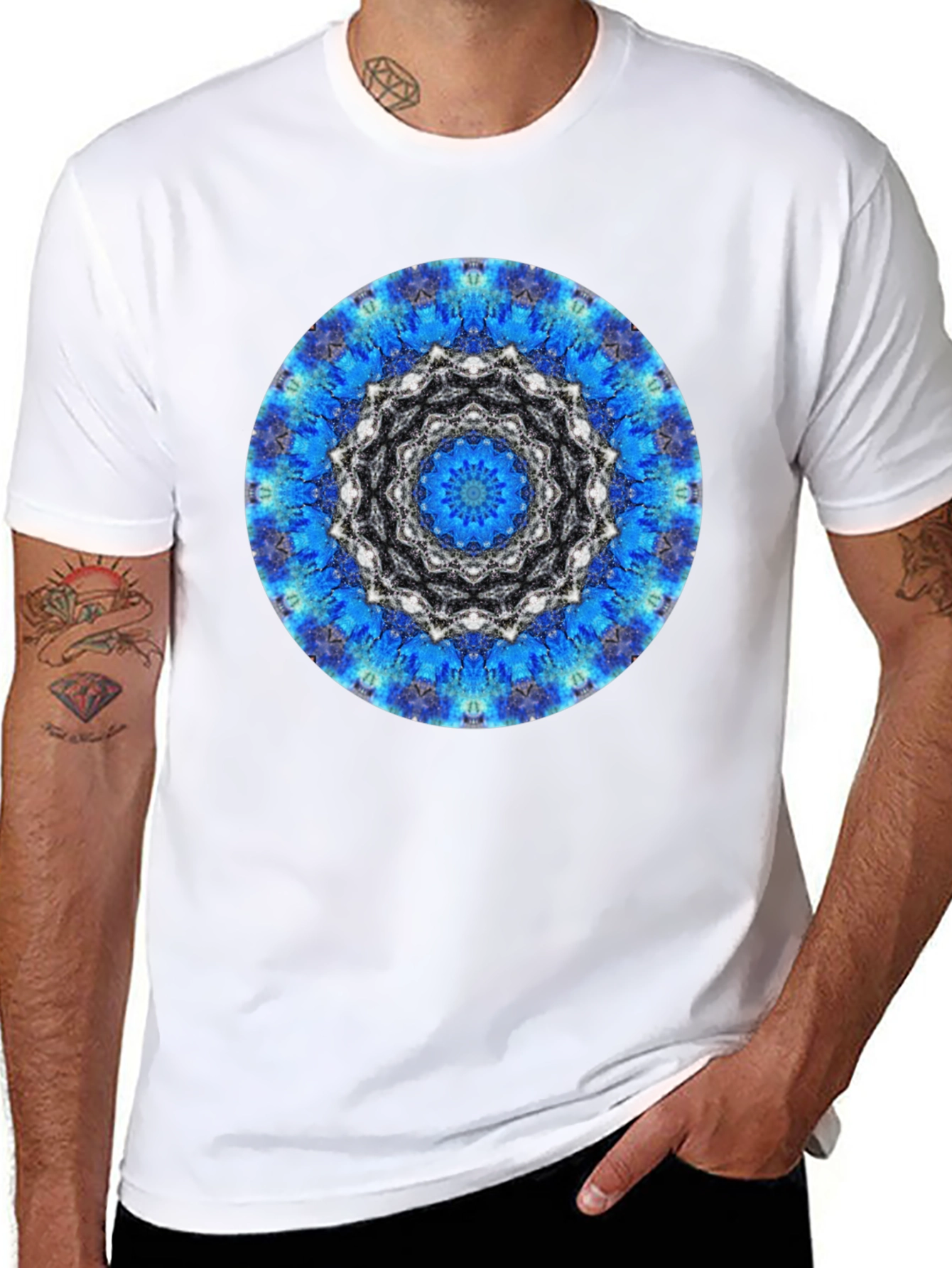 Blue Mandala Graphic Print Mens Black T-Shirt