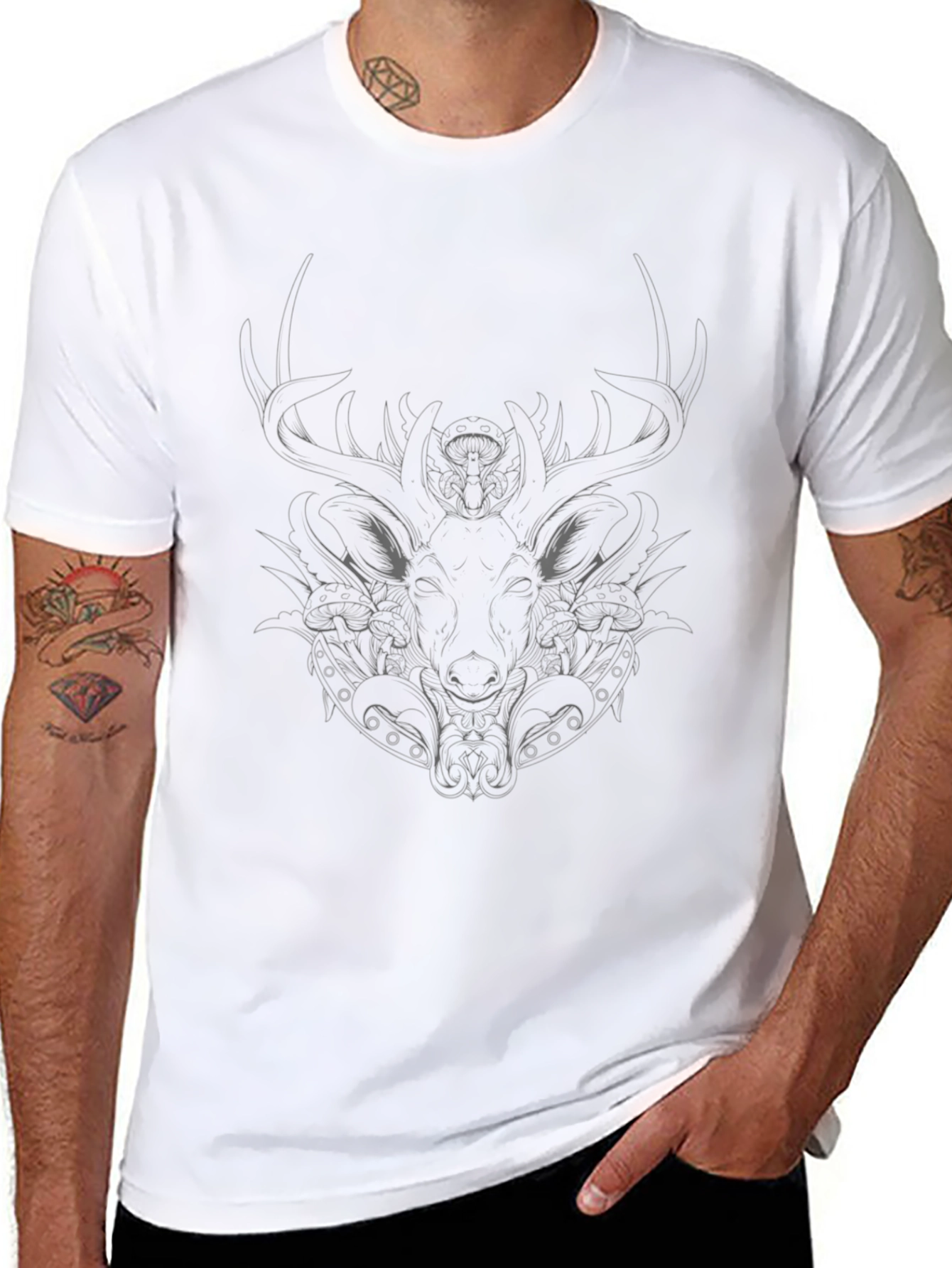Black T-Shirt with Stylized Stag Design