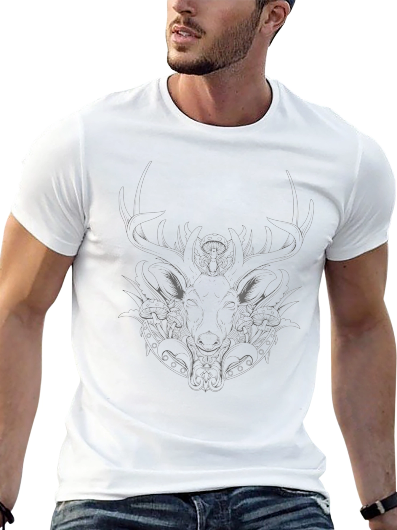 Black T-Shirt with Stylized Stag Design