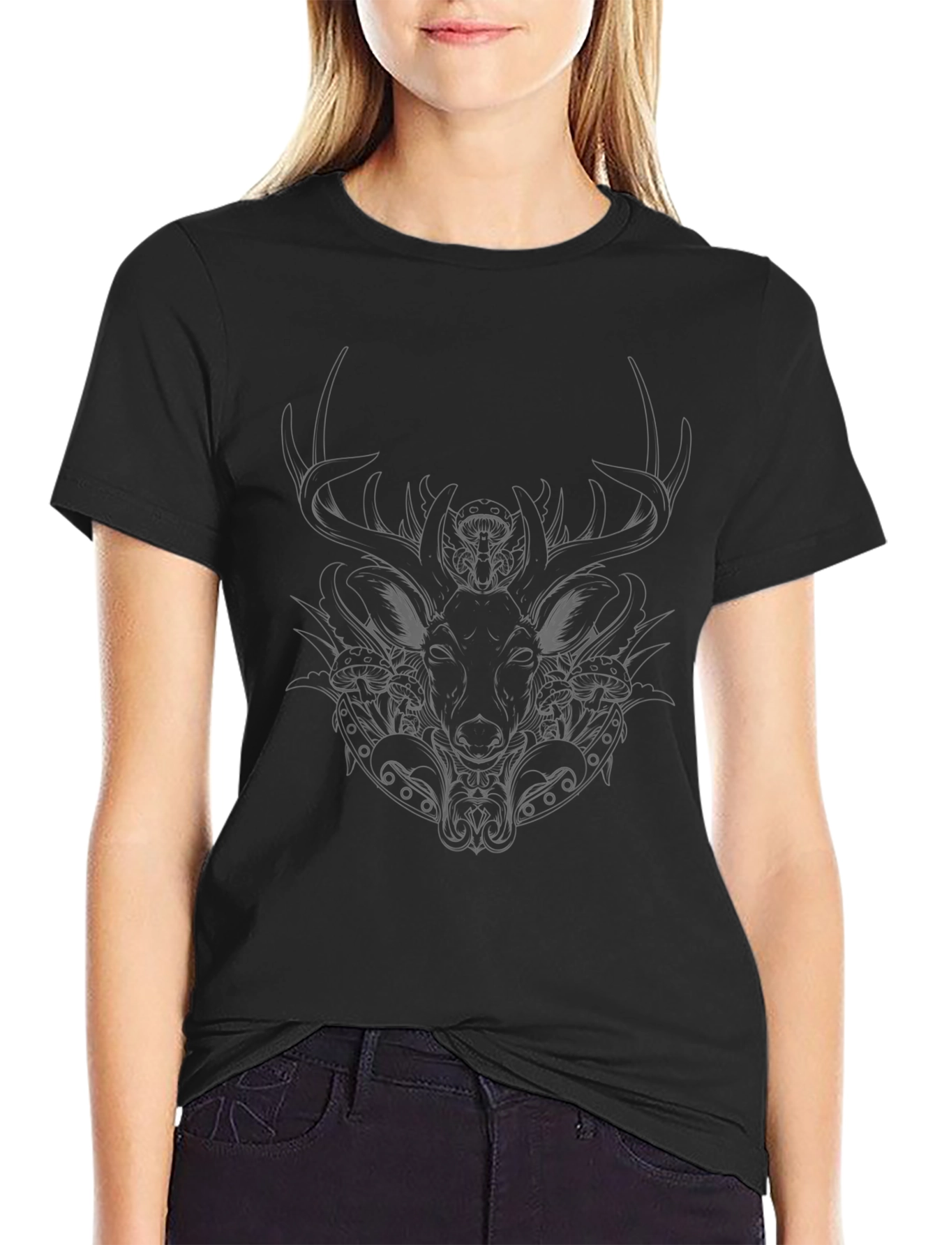 Black T-Shirt with Stylized Stag Design