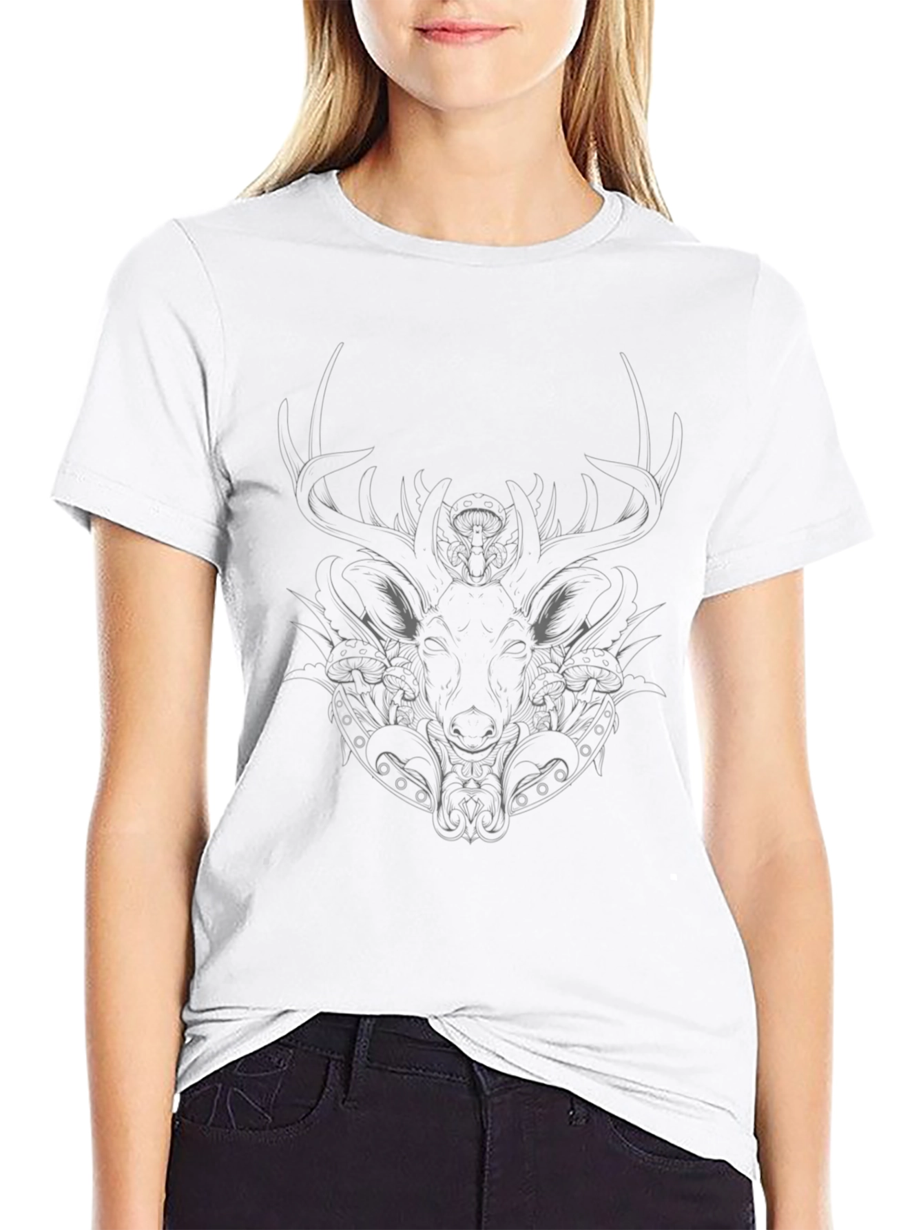 Black T-Shirt with Stylized Stag Design