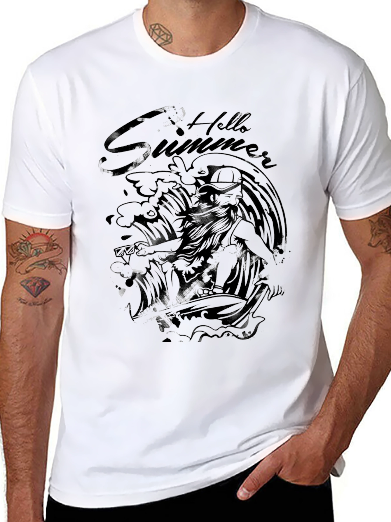Black Hello Summer Surfer Graphic T-Shirt