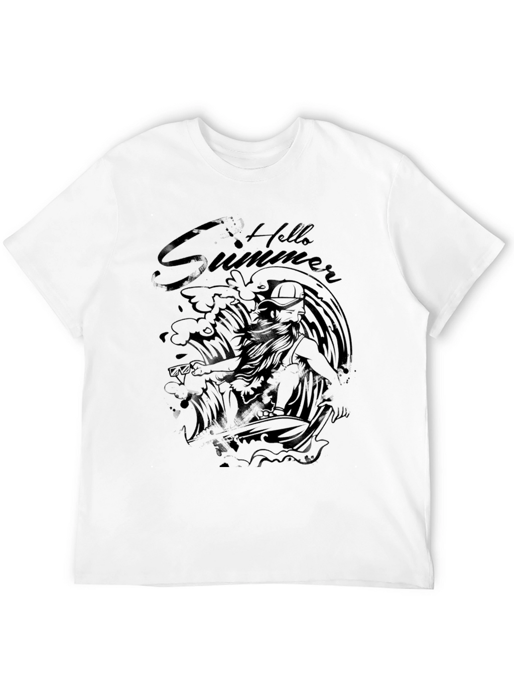 Black Hello Summer Surfer Graphic T-Shirt
