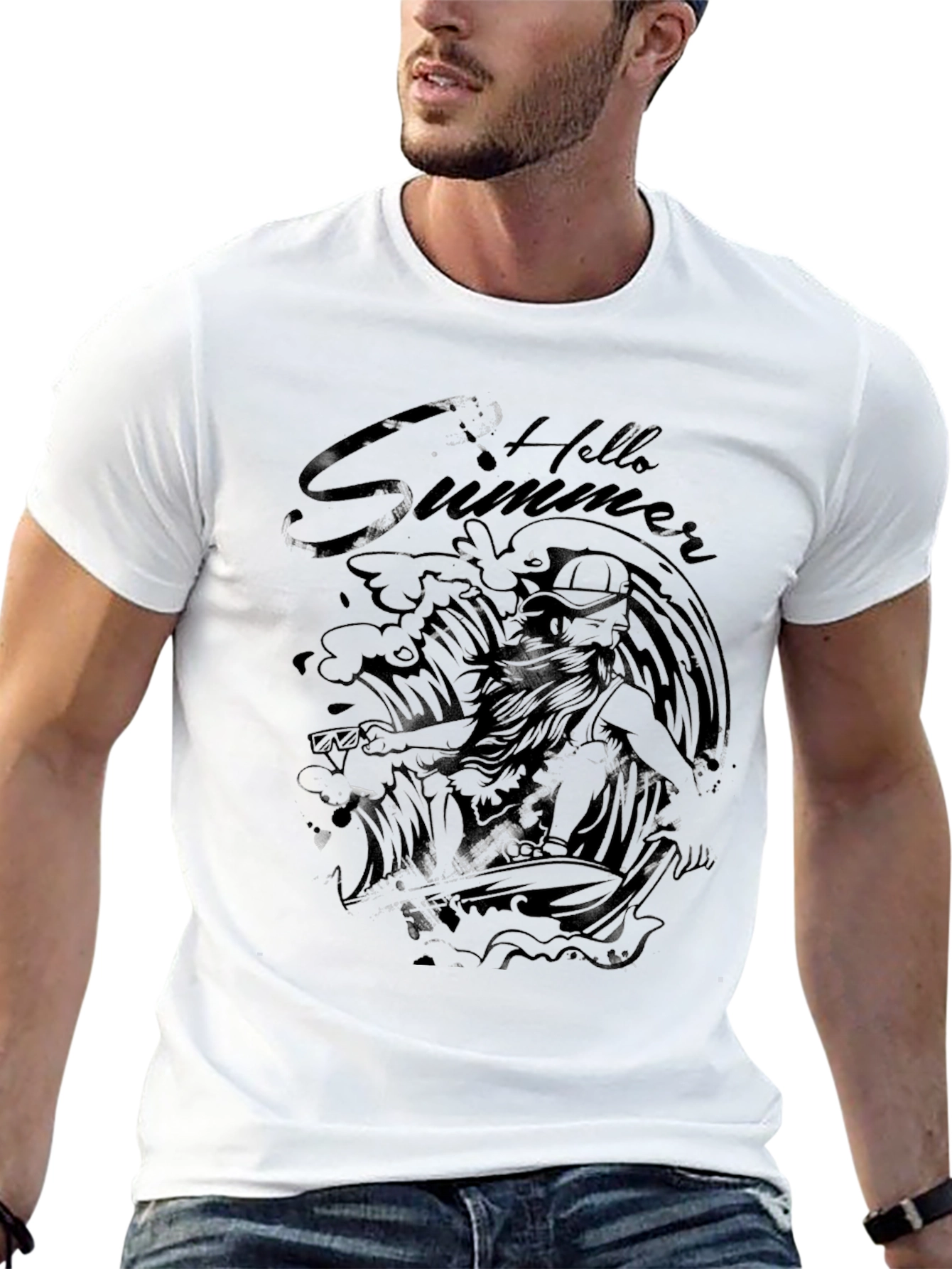 Black Hello Summer Surfer Graphic T-Shirt