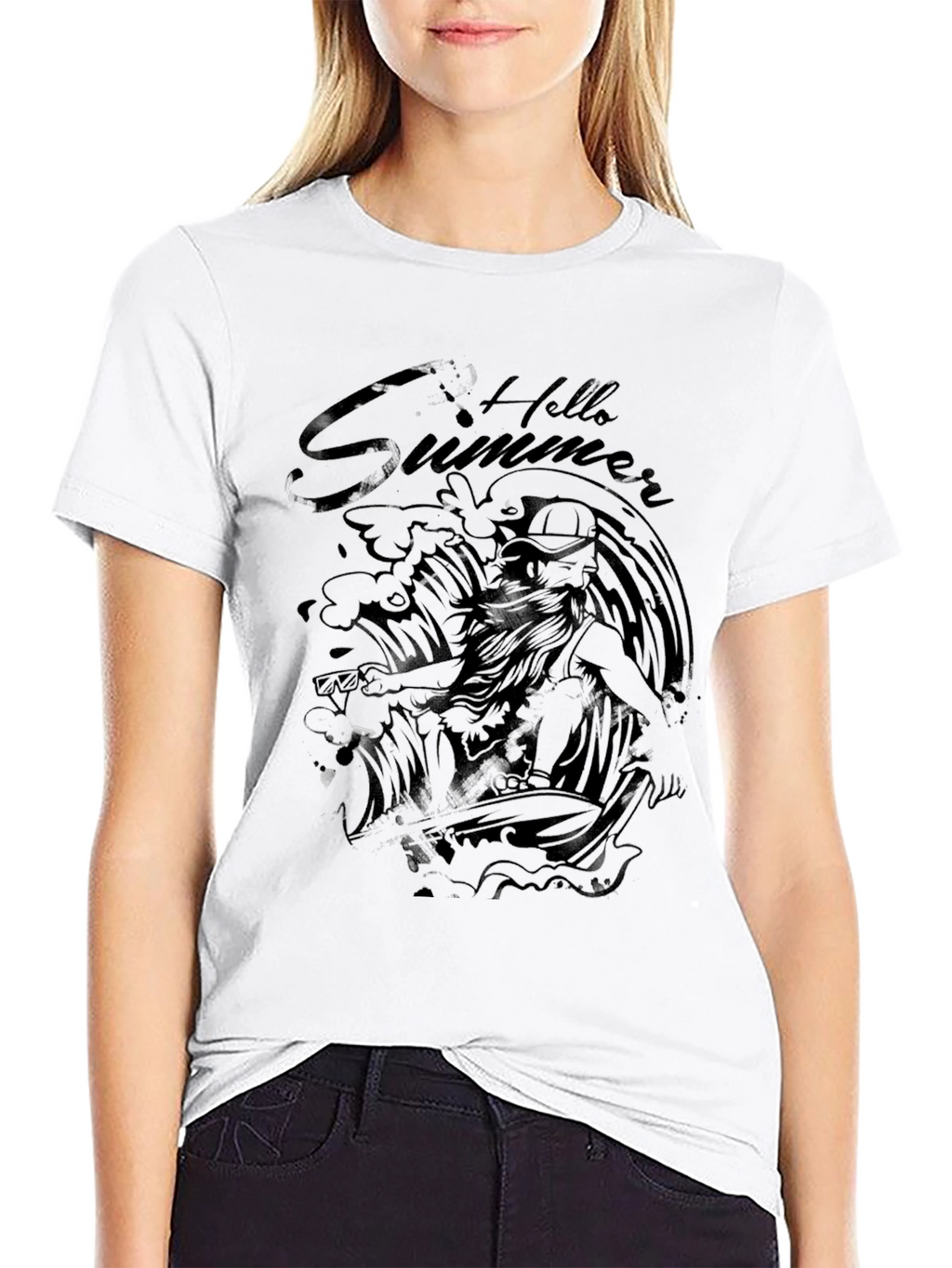 Black Hello Summer Surfer Graphic T-Shirt