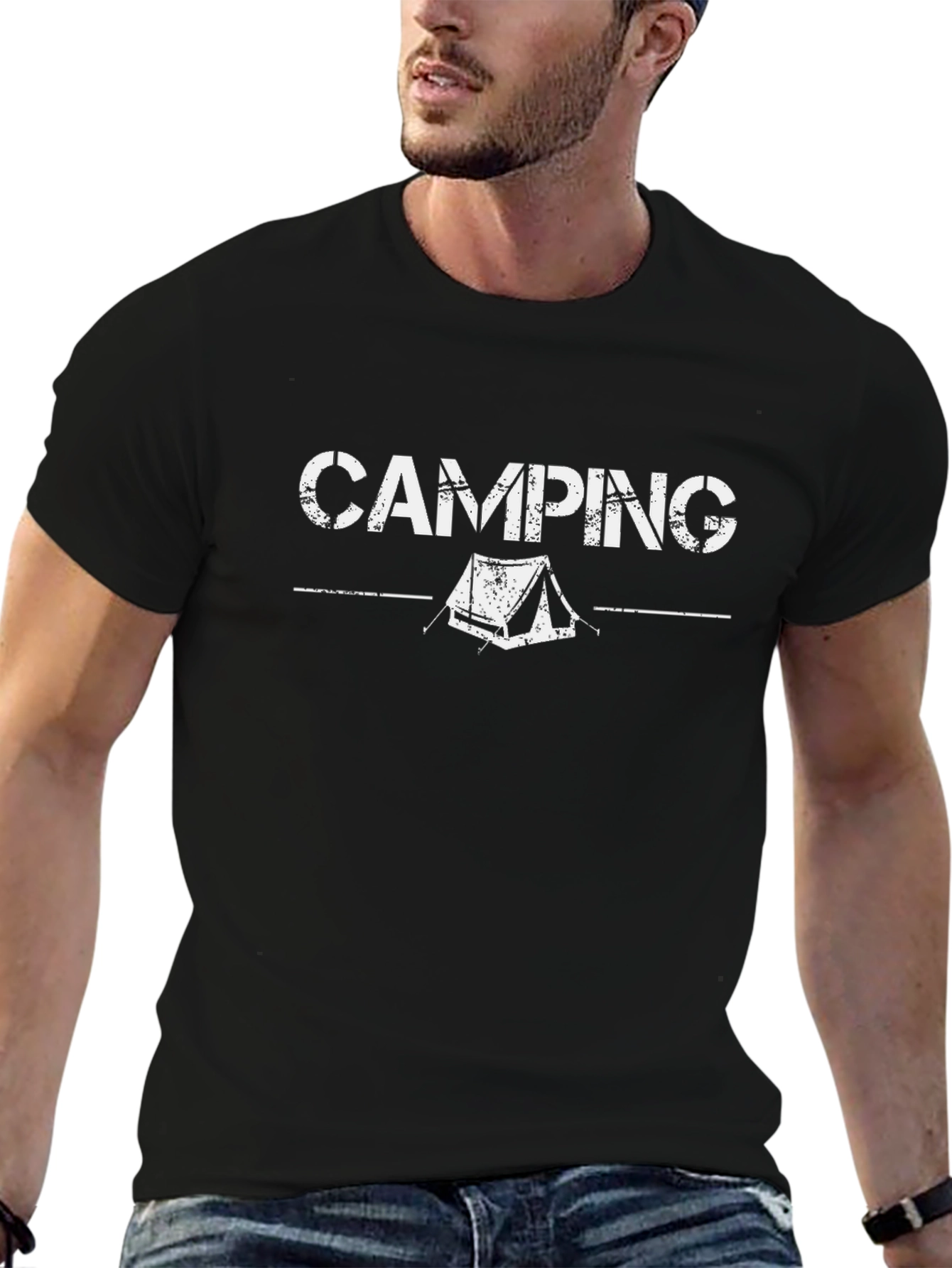 Camping Tent Graphic Tee - Black Cotton T-Shirt