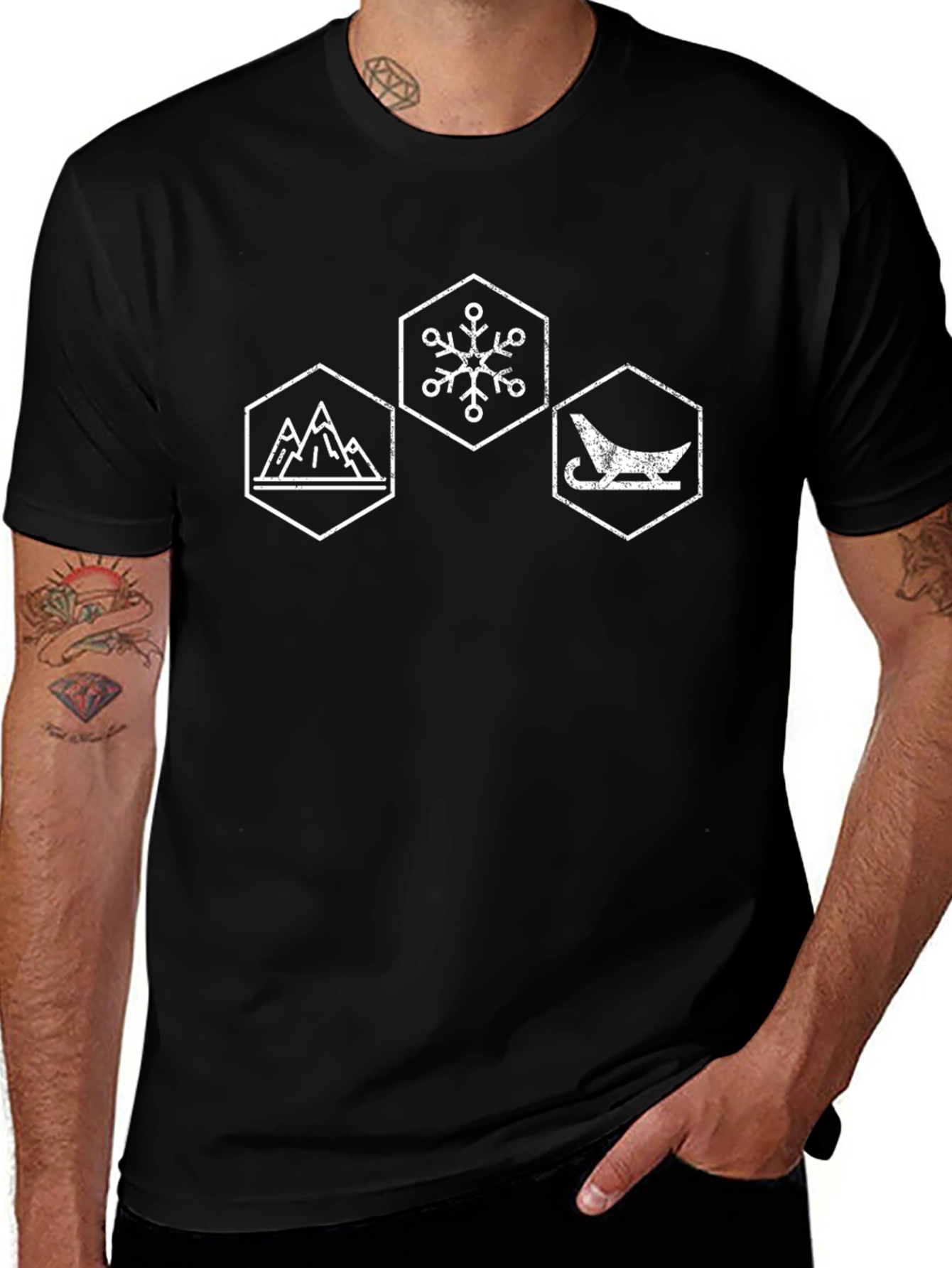 Winter Hexagon Graphic Tee - Mountain Snowflake Sleigh