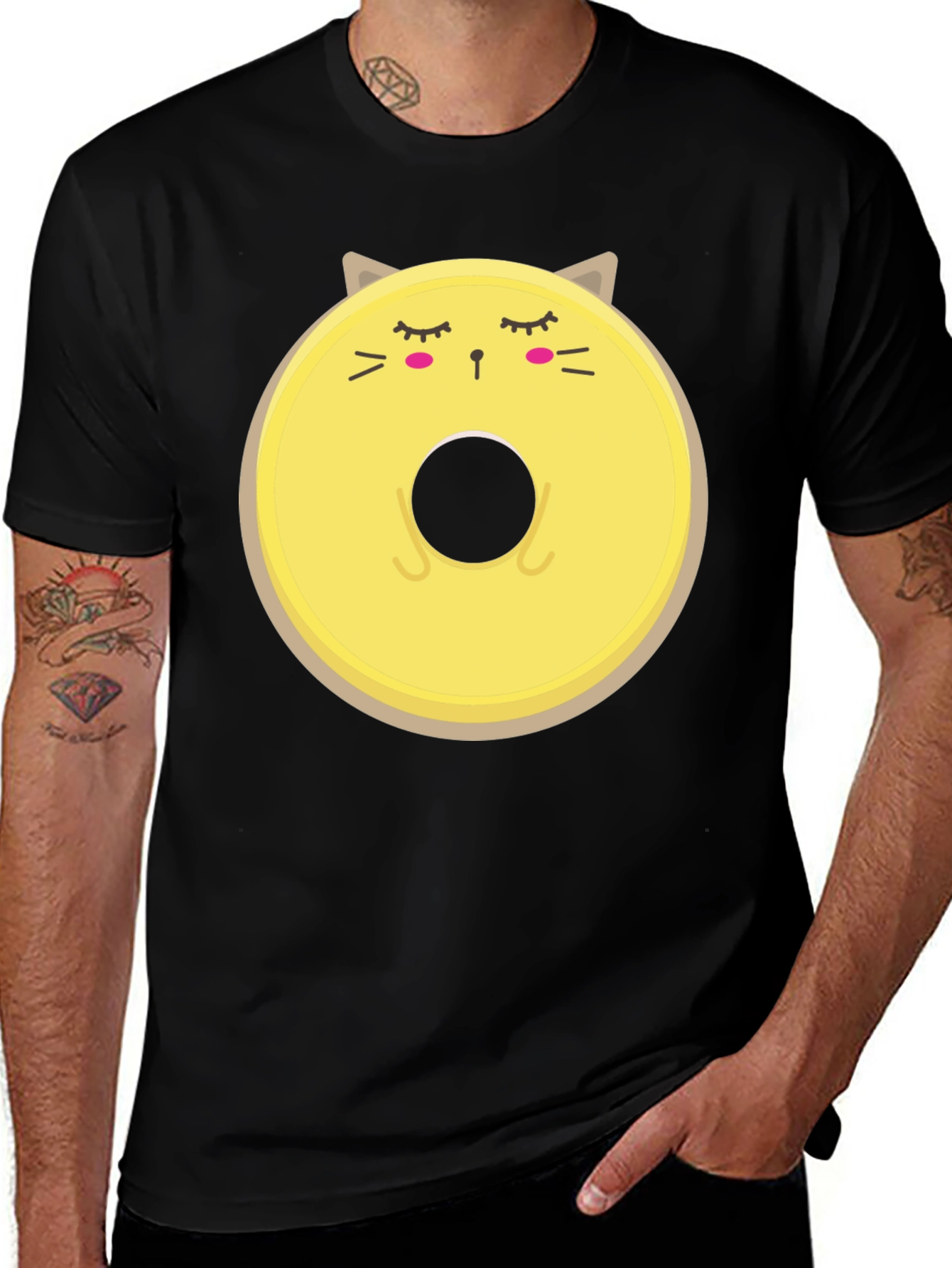 Cute Cat Donut Graphic Tee - Mens Black T-Shirt