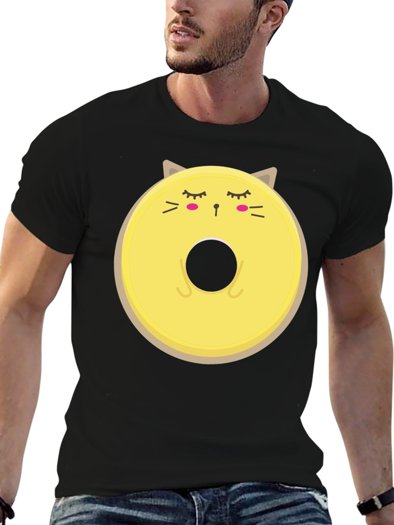 Cute Cat Donut Graphic Tee - Mens Black T-Shirt