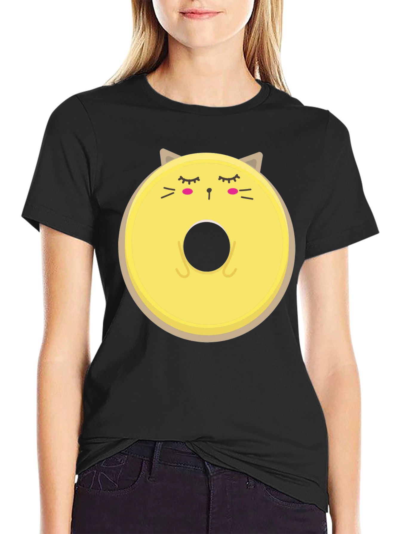 Cute Cat Donut Graphic Tee - Mens Black T-Shirt