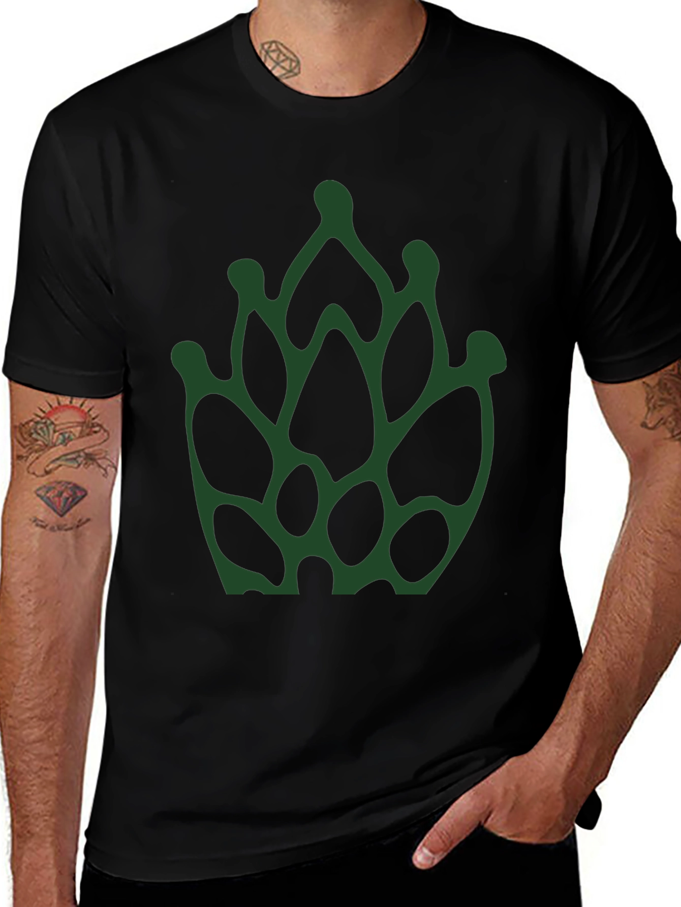 Abstract Green Floral Print Black T-Shirt