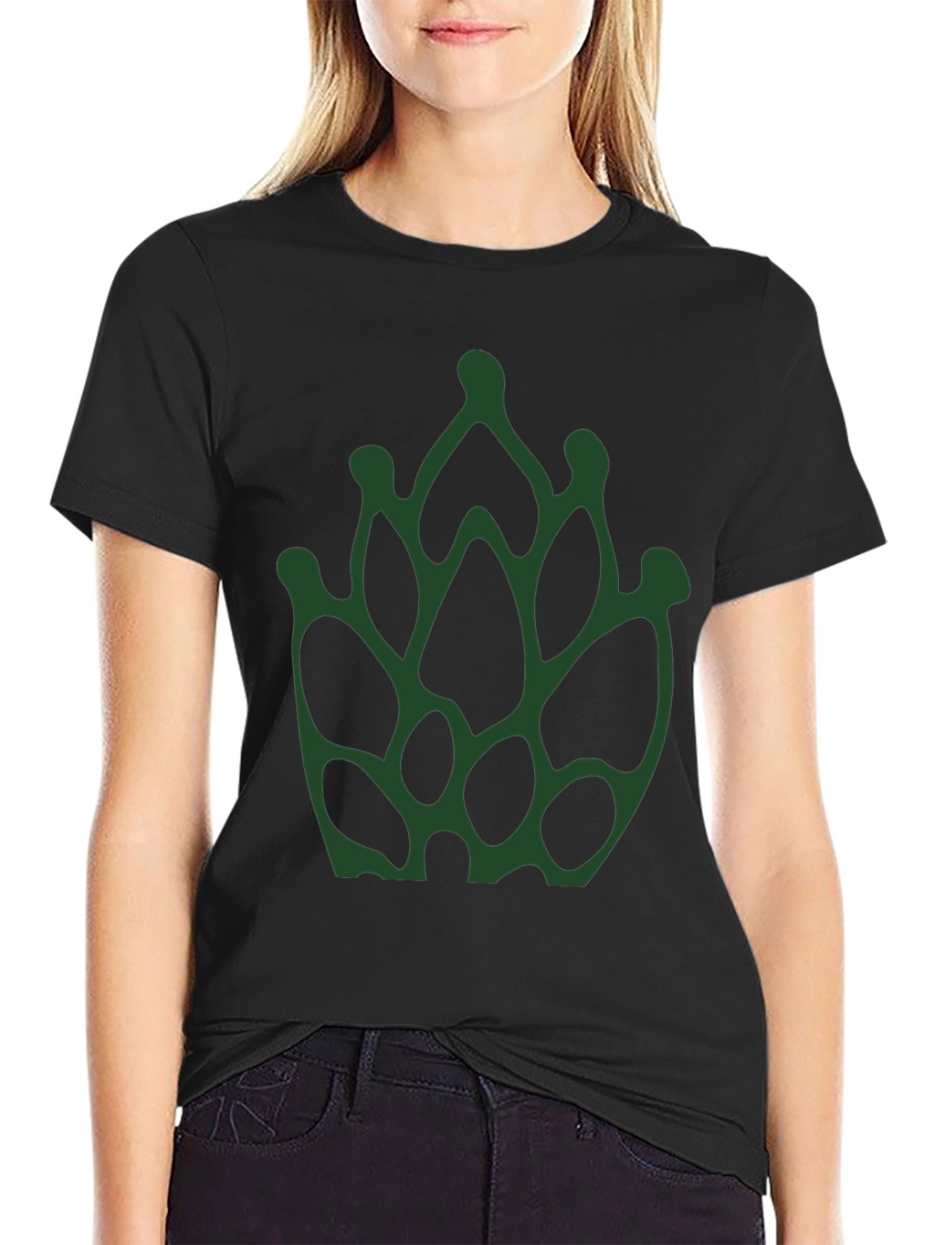 Abstract Green Floral Print Black T-Shirt