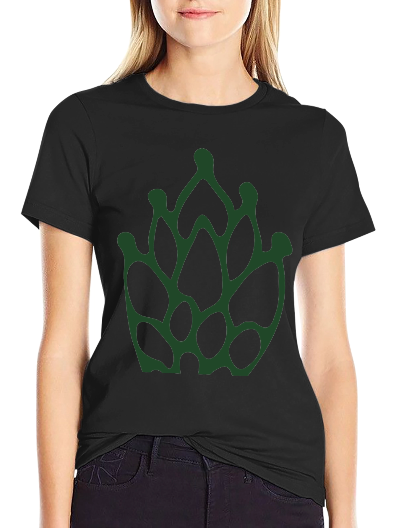 Abstract Green Floral Print Black T-Shirt