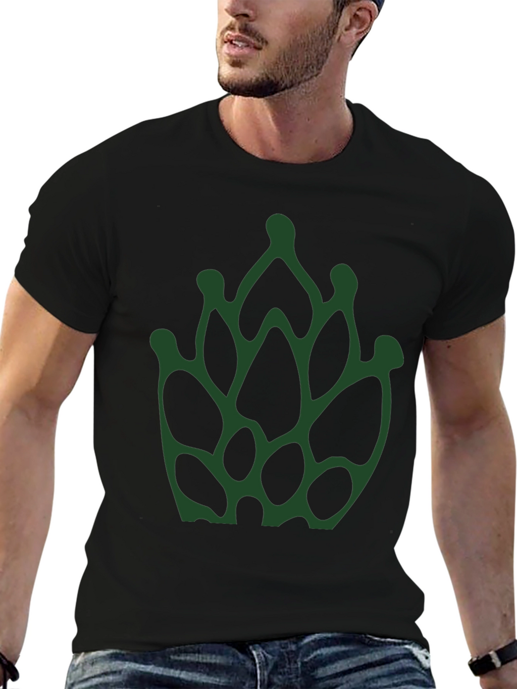 Abstract Green Floral Print Black T-Shirt
