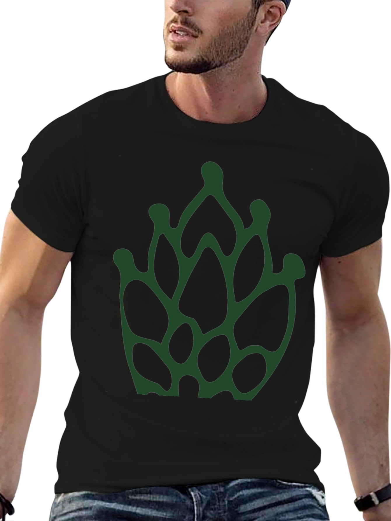 Abstract Green Floral Print Black T-Shirt