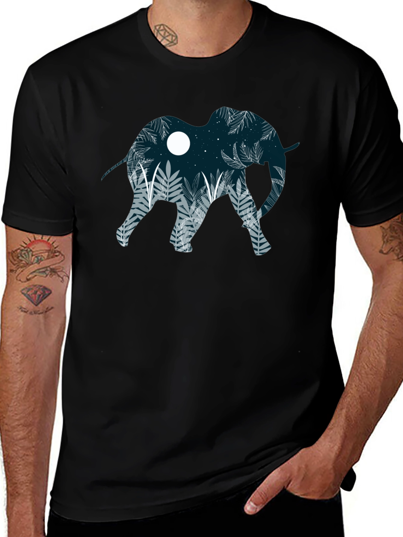 Elephant Silhouette Graphic Print Black T-Shirt