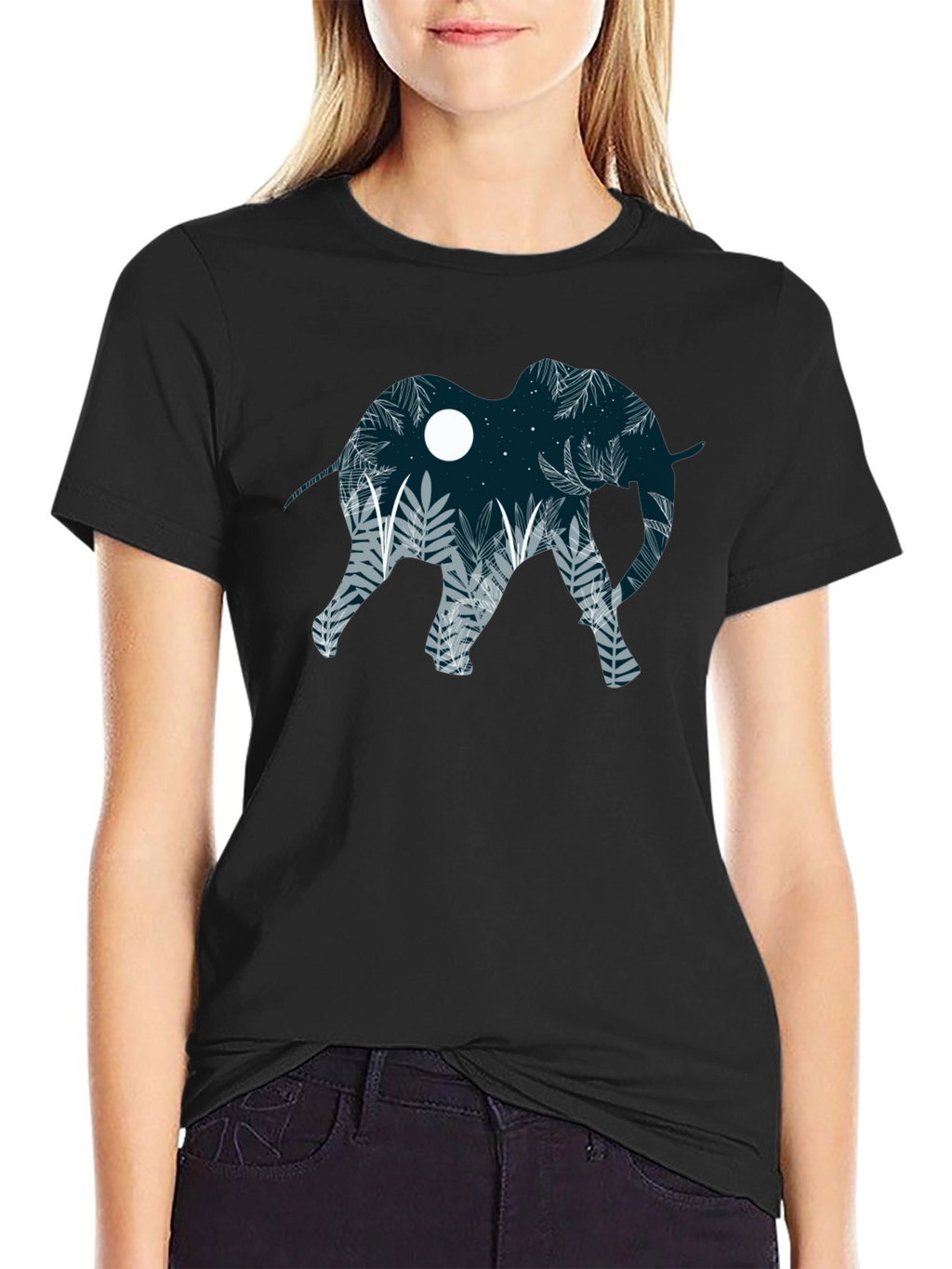 Elephant Silhouette Graphic Print Black T-Shirt