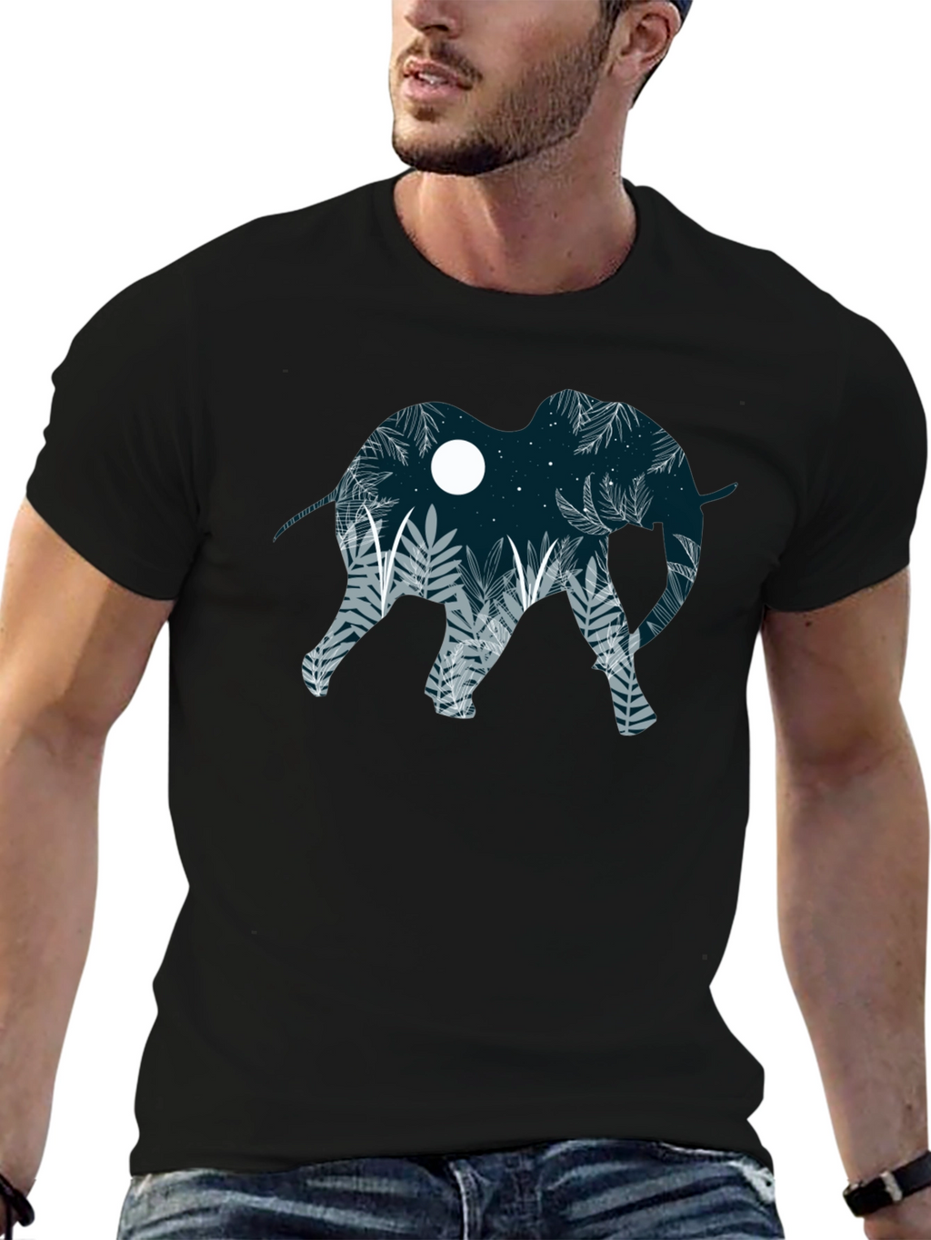 Elephant Silhouette Graphic Print Black T-Shirt
