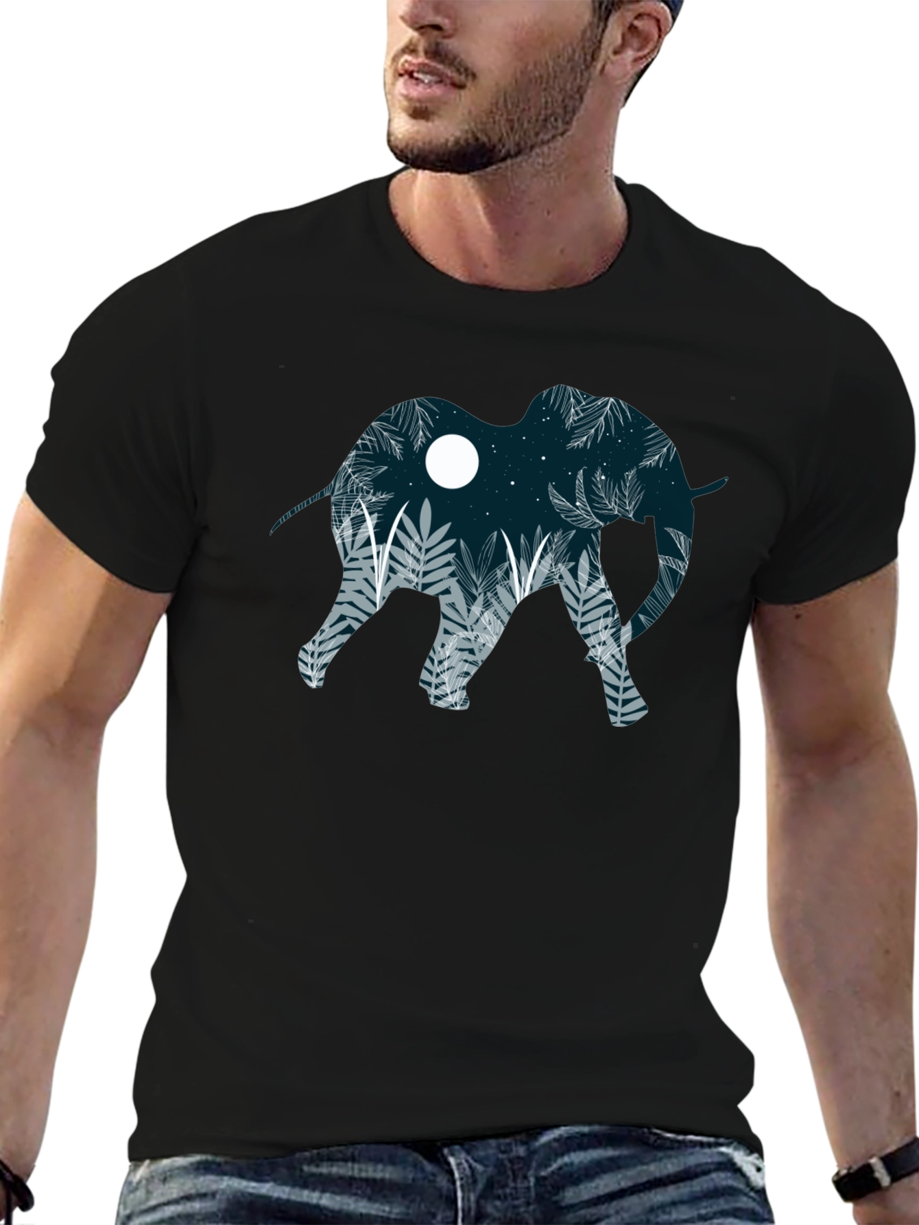 Elephant Silhouette Graphic Print Black T-Shirt