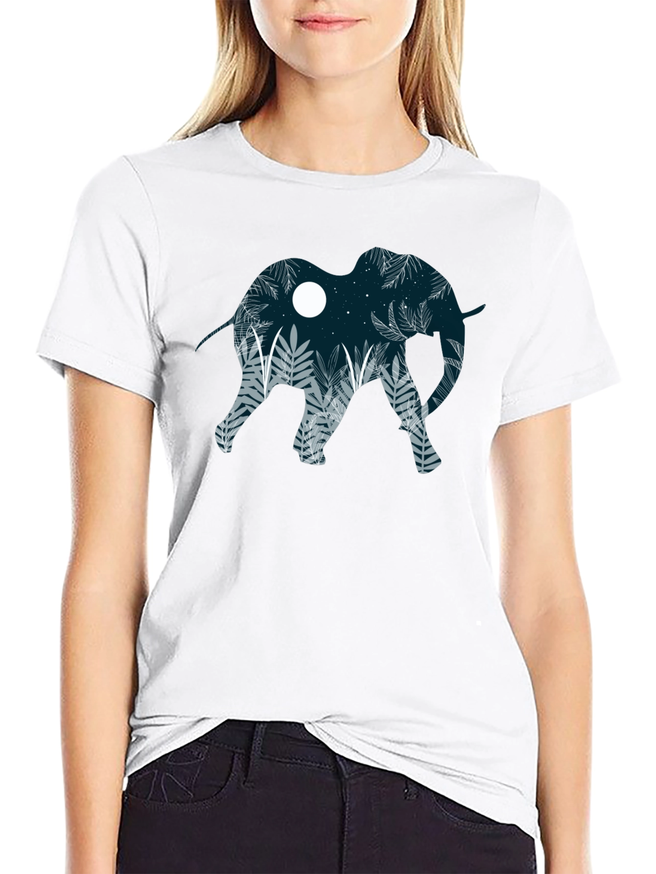Elephant Silhouette Graphic Print Black T-Shirt