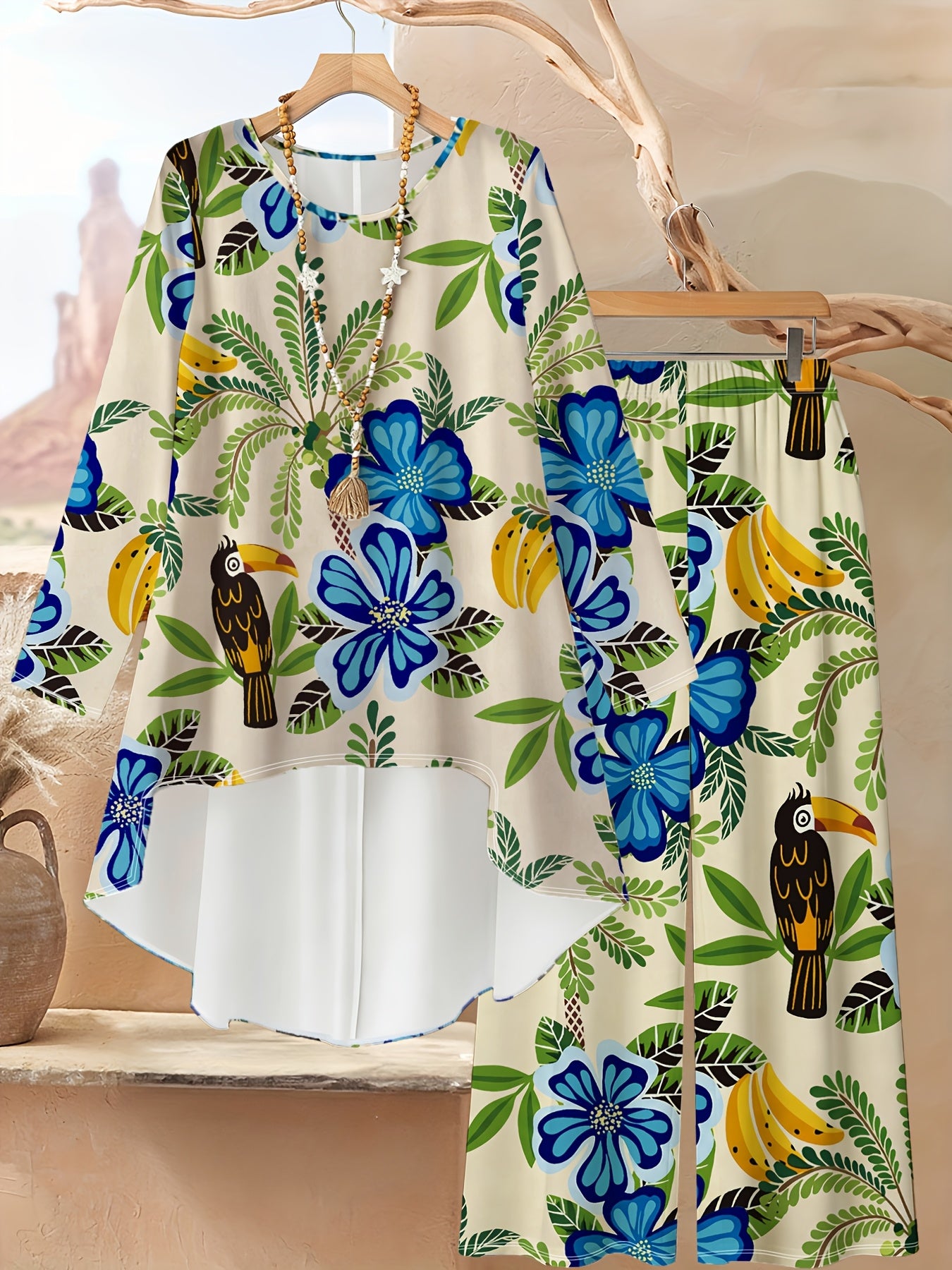 Ladies' Fashion Pants Set | Spring/Summer Floral Print Asymmetrical T-Shirt And Wide-Leg Pants Two-Piece Casual Outfit
