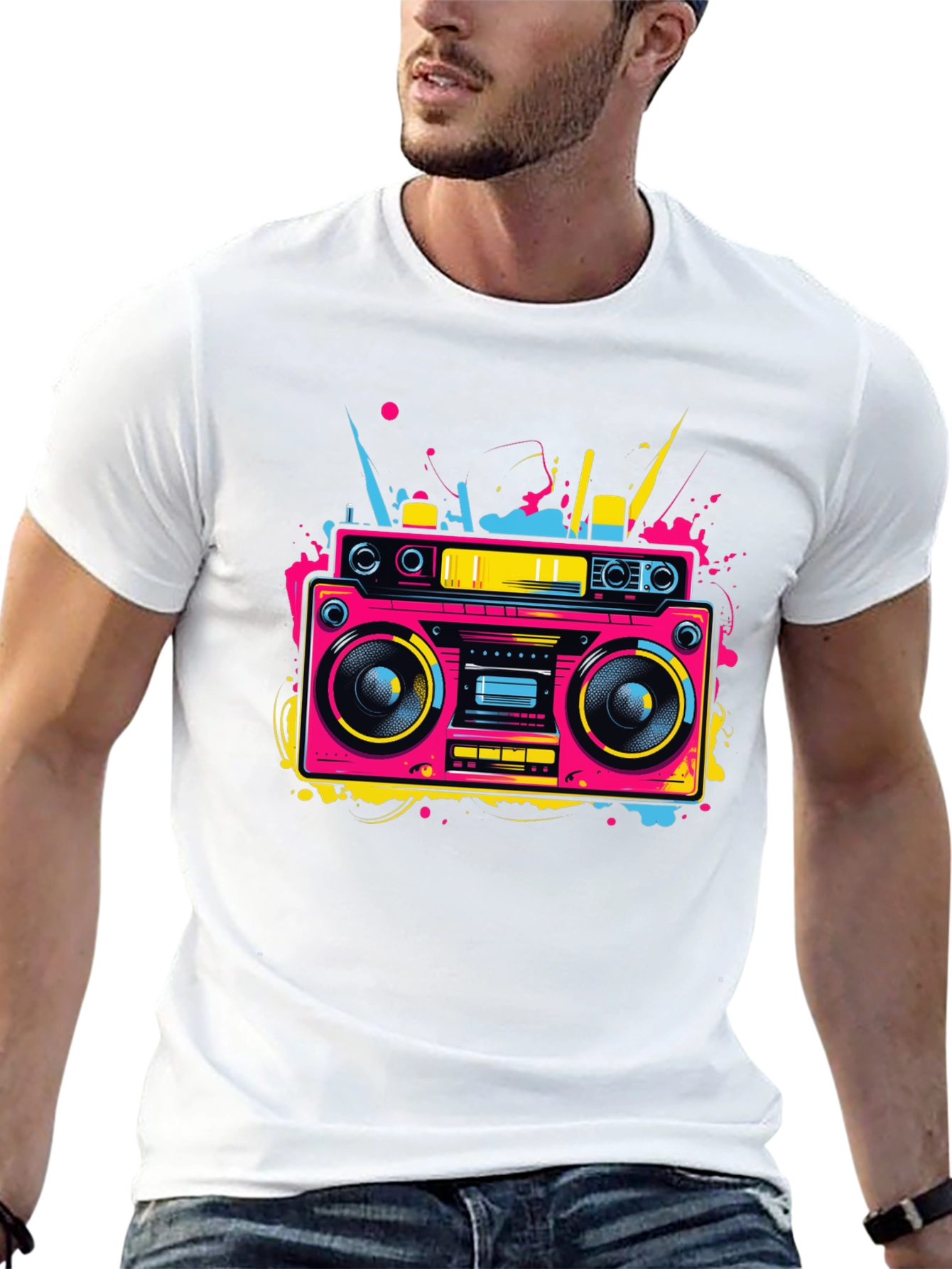 Retro Boombox Graphic Tee - Neon 80s Style