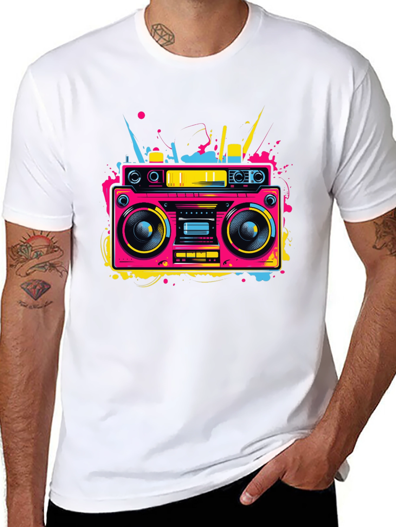 Retro Boombox Graphic Tee - Neon 80s Style