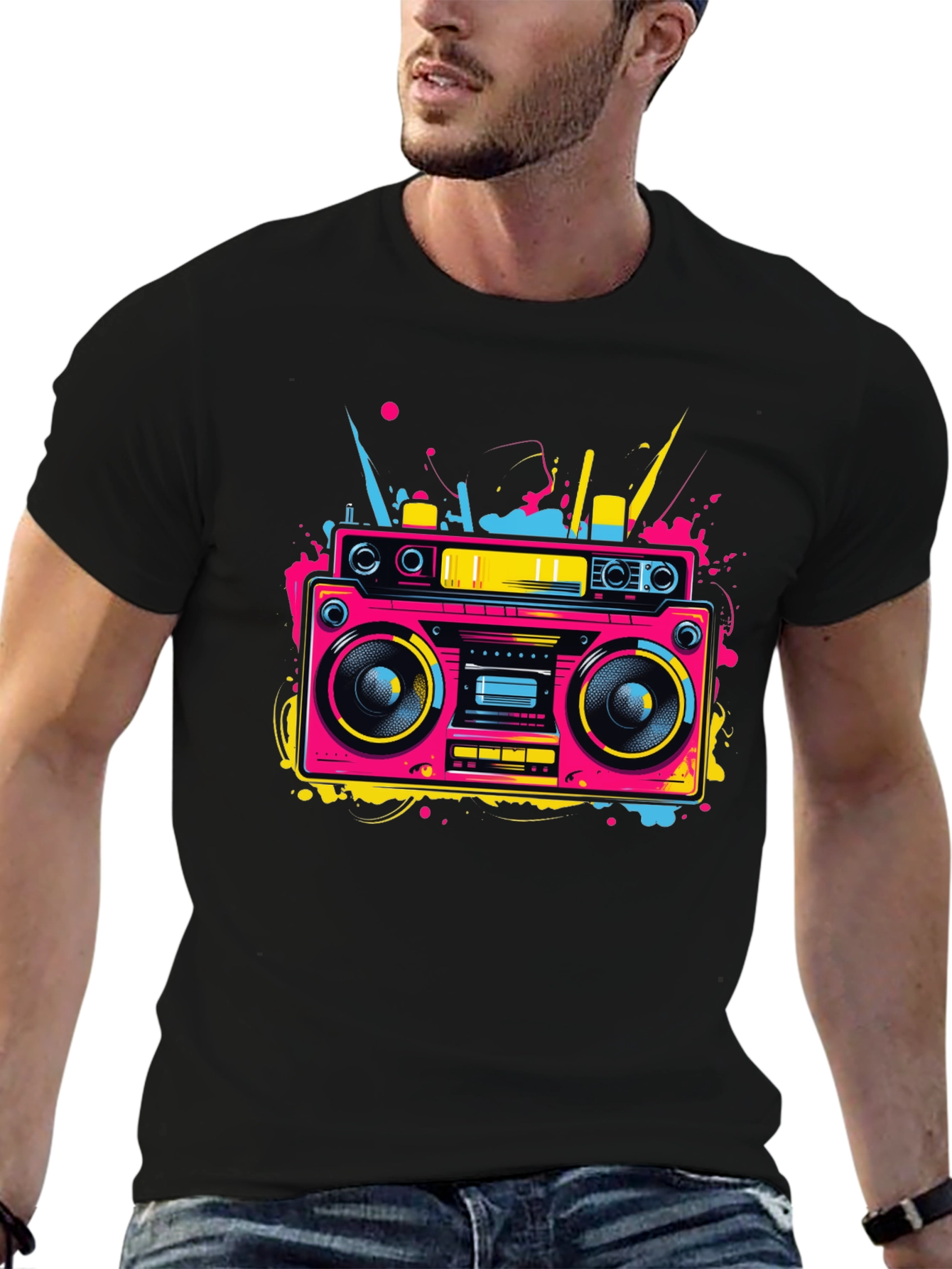 Retro Boombox Graphic Tee - Neon 80s Style