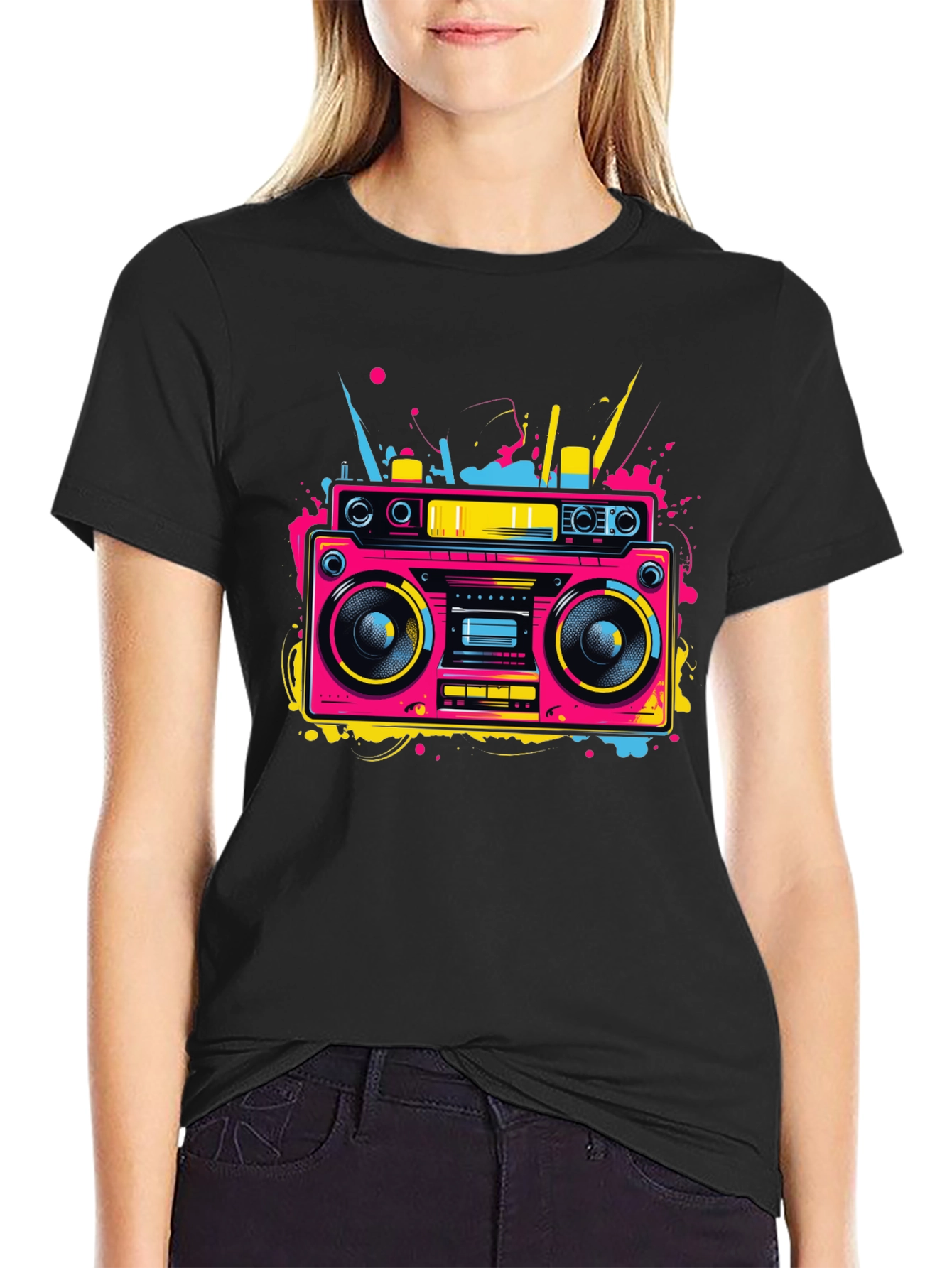 Retro Boombox Graphic Tee - Neon 80s Style