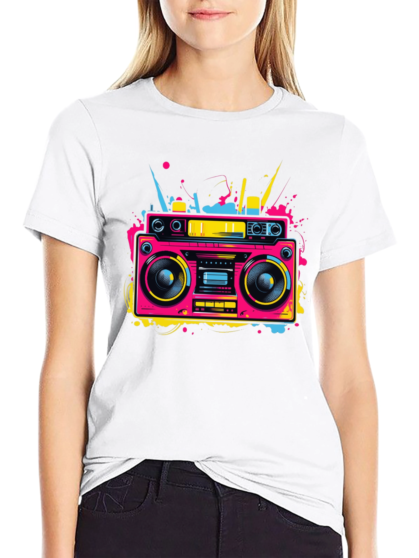 Retro Boombox Graphic Tee - Neon 80s Style