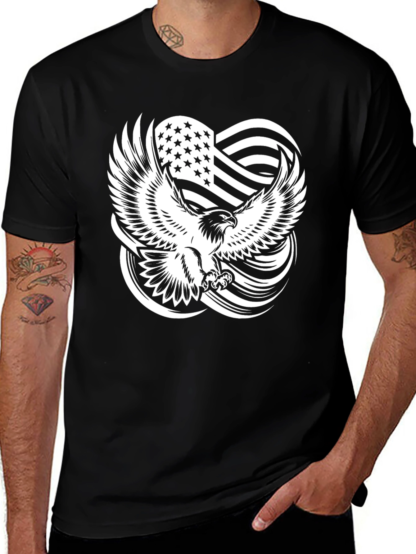 Eagle Flag Graphic Print Black T-Shirt