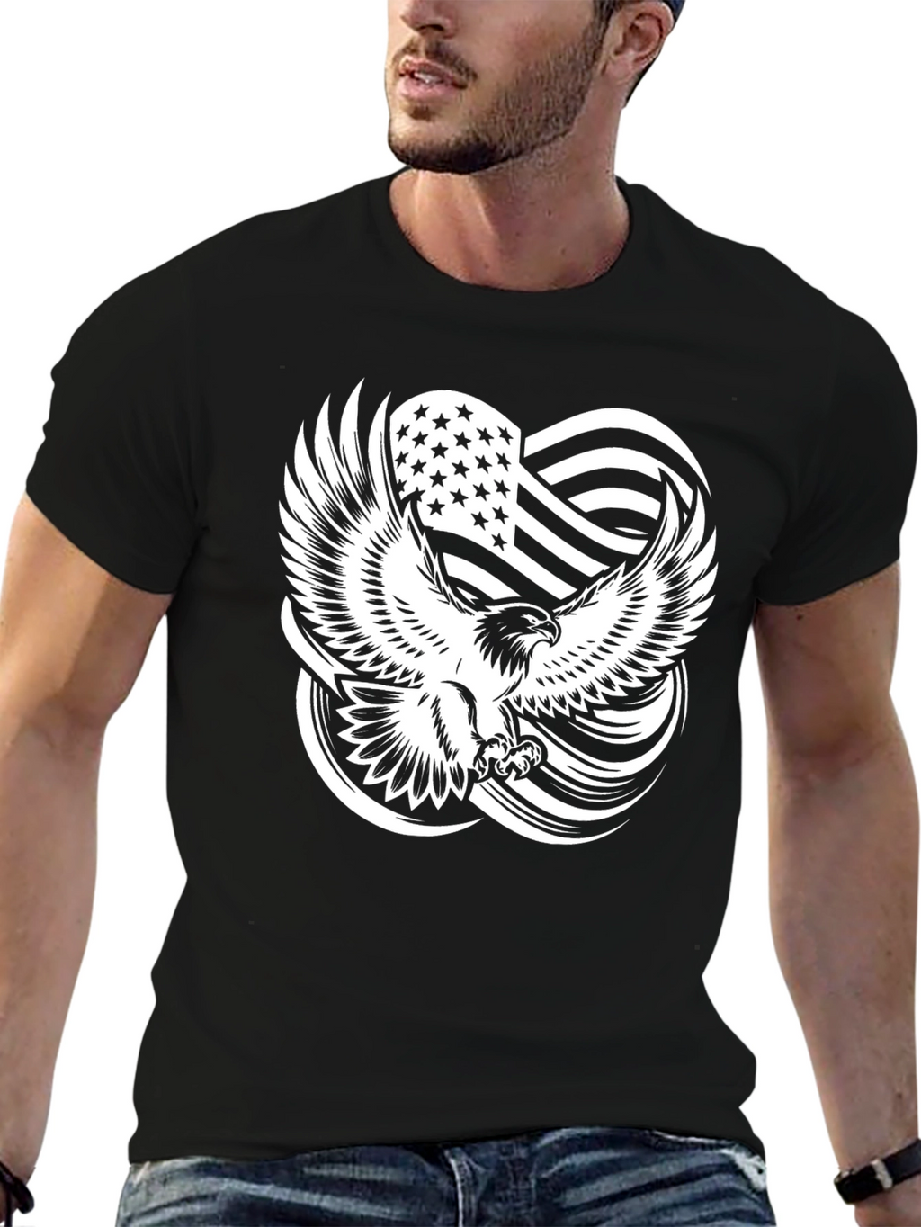 Eagle Flag Graphic Print Black T-Shirt