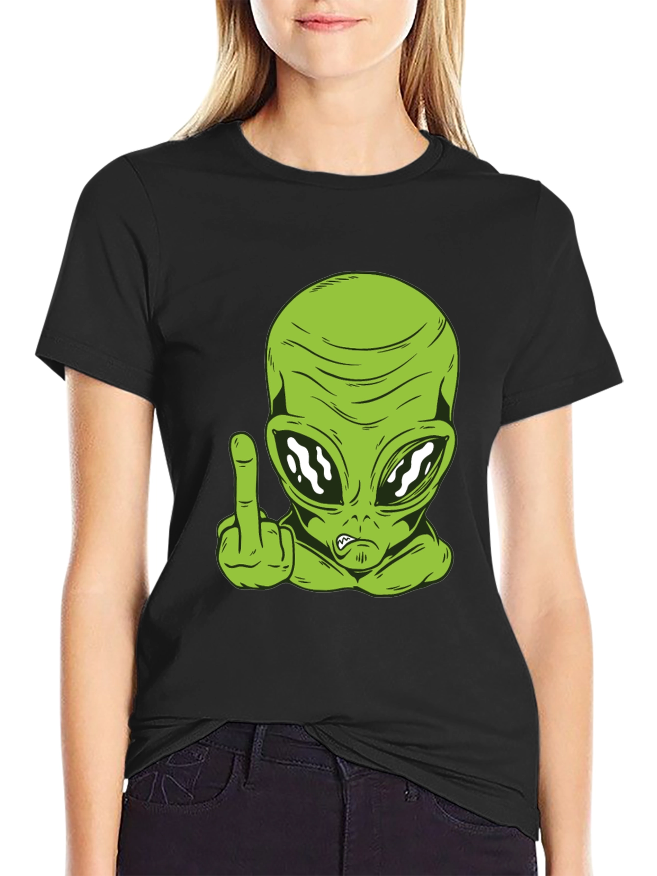 Alien Middle Finger Graphic Tee - Black