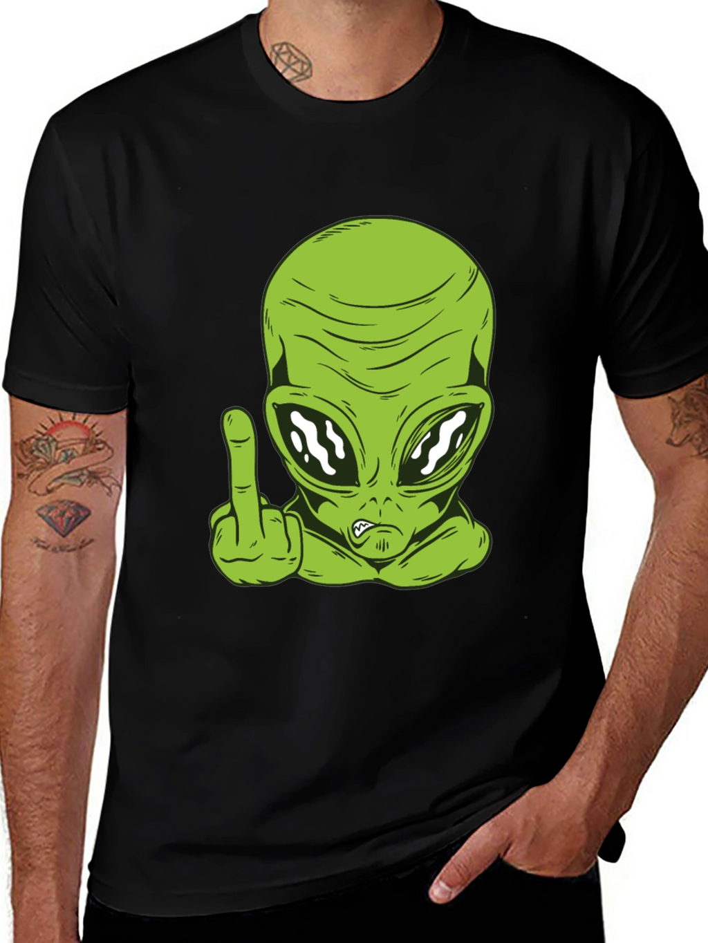 Alien Middle Finger Graphic Tee - Black