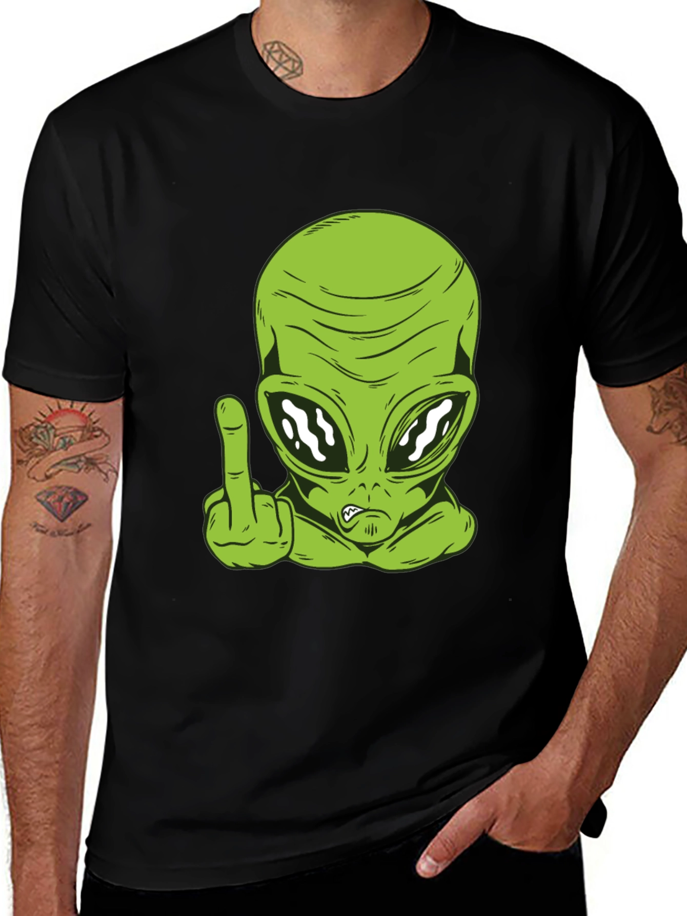 Alien Middle Finger Graphic Tee - Black