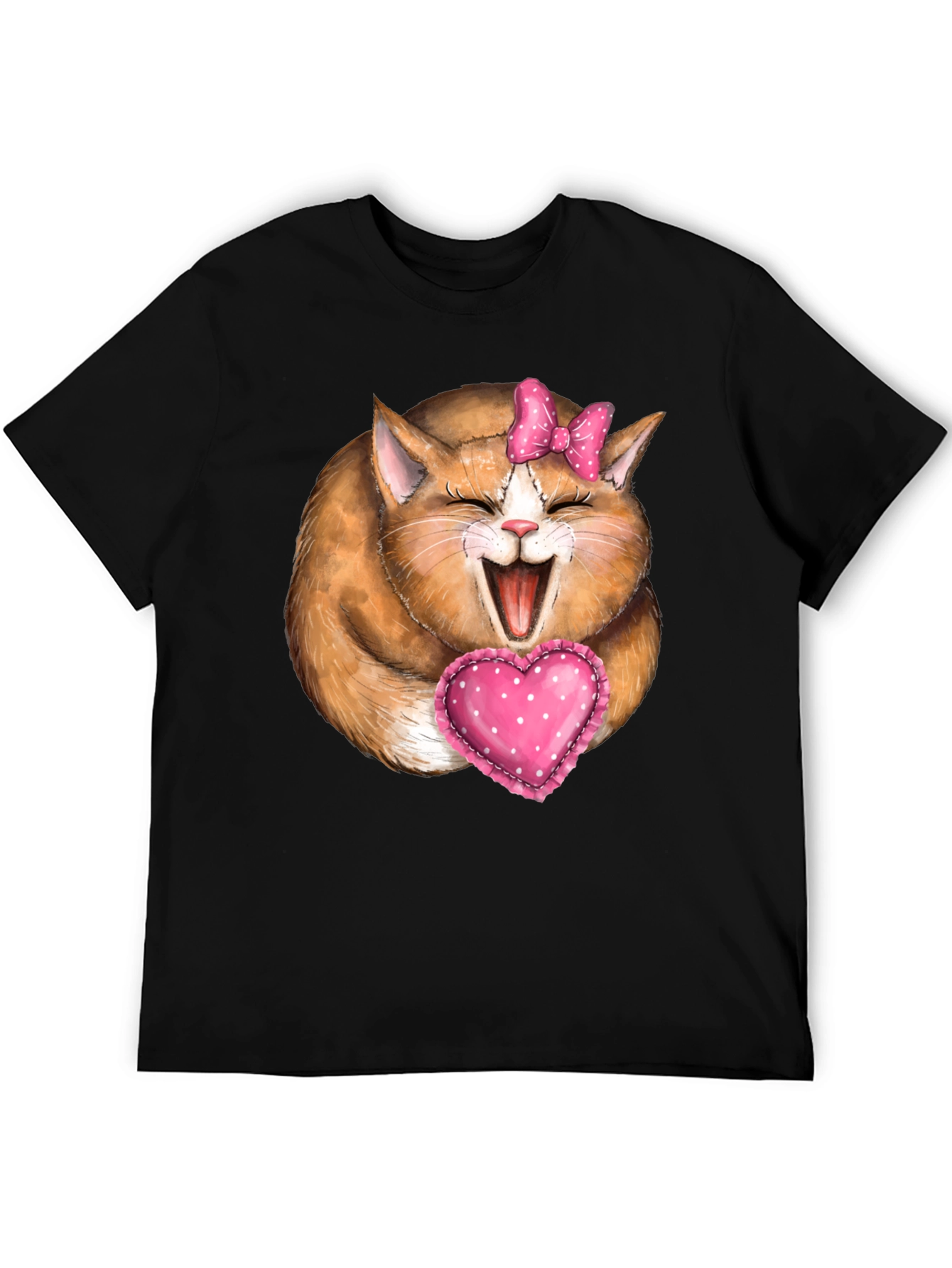 Cute Cat with Bow & Heart T-Shirt - Black