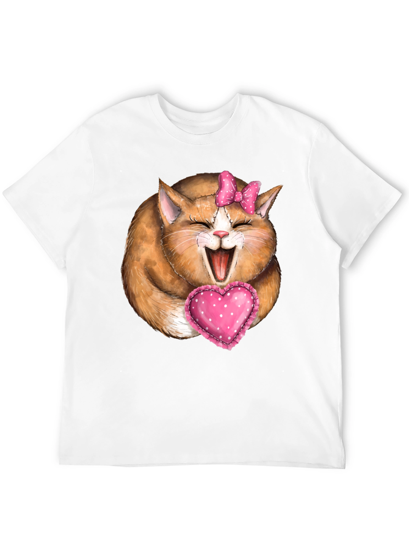 Cute Cat with Bow & Heart T-Shirt - Black