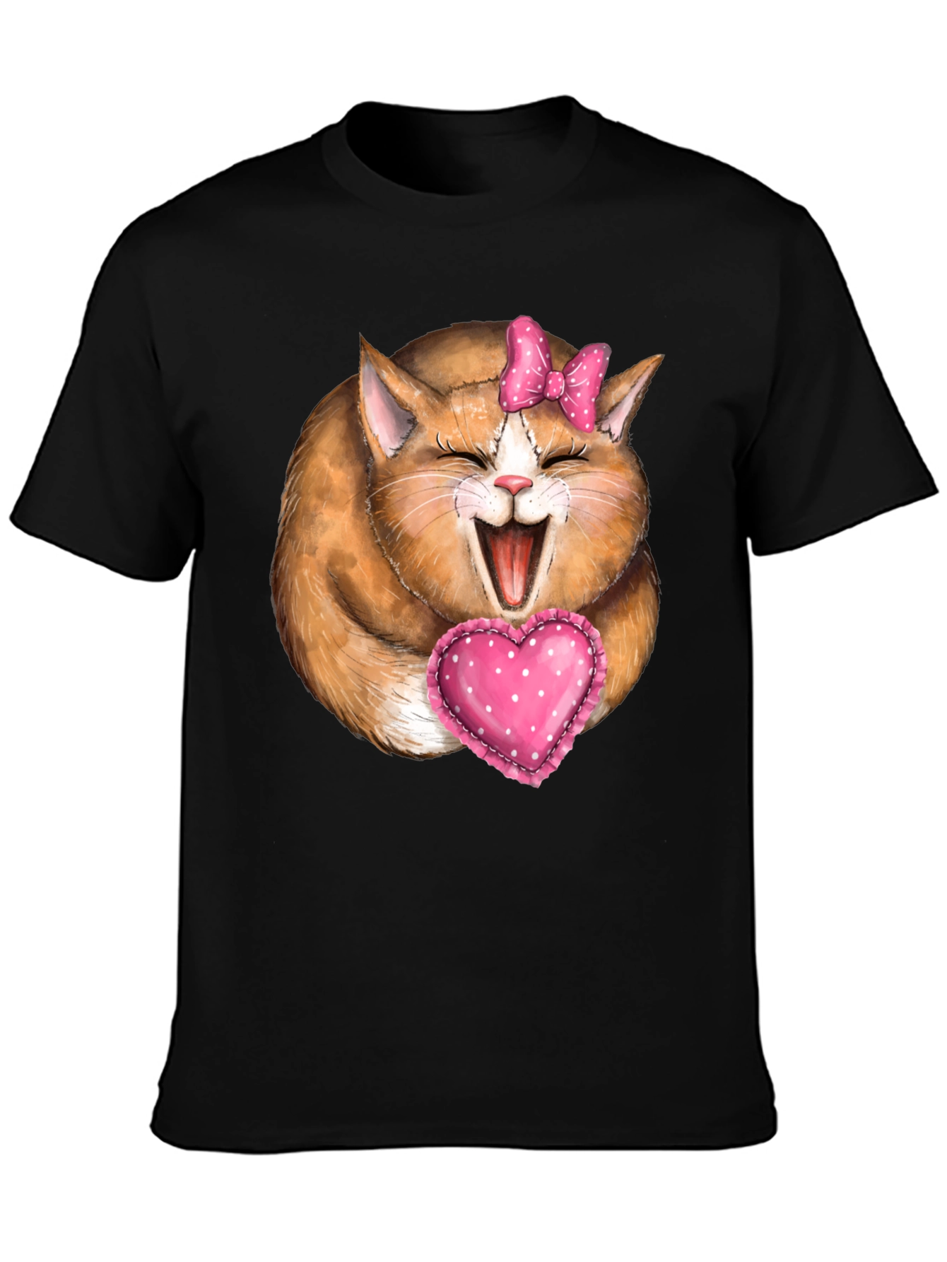 Cute Cat with Bow & Heart T-Shirt - Black