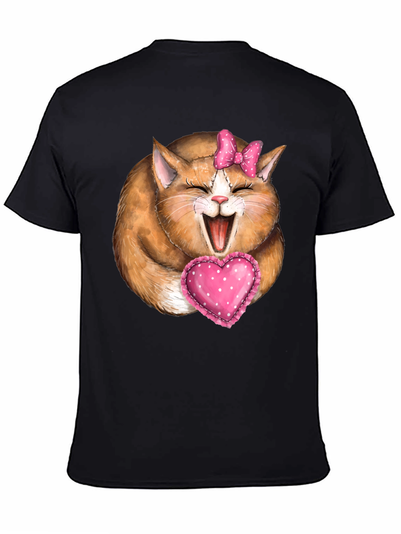 Cute Cat with Bow & Heart T-Shirt - Black
