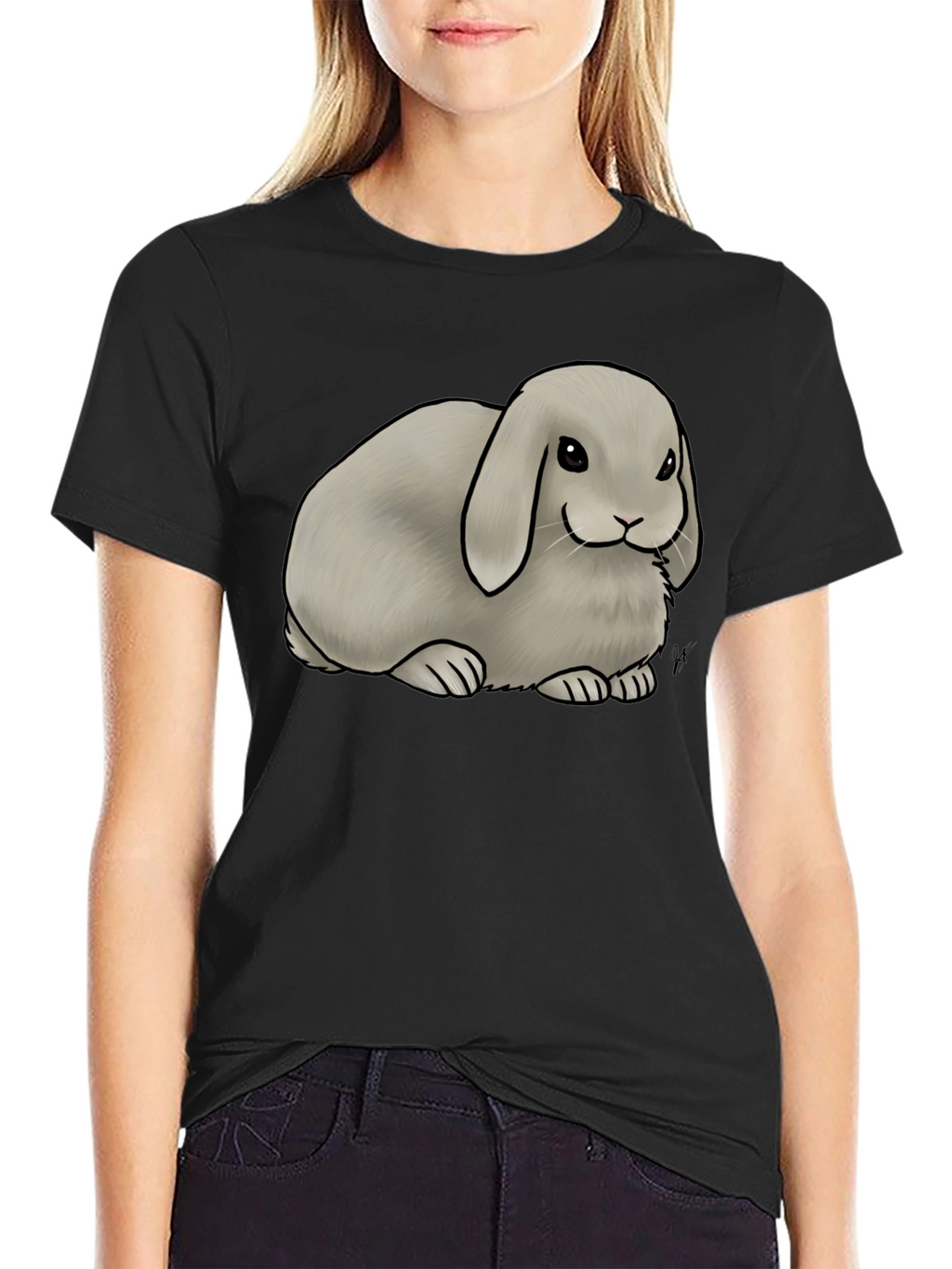 Cute Lop Bunny Graphic T-Shirt - Black