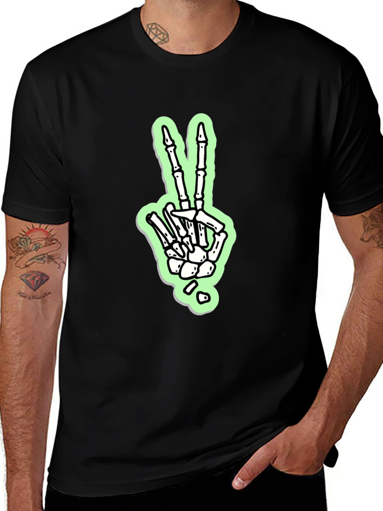 Skeleton Hand Peace Sign Graphic Tee - Black