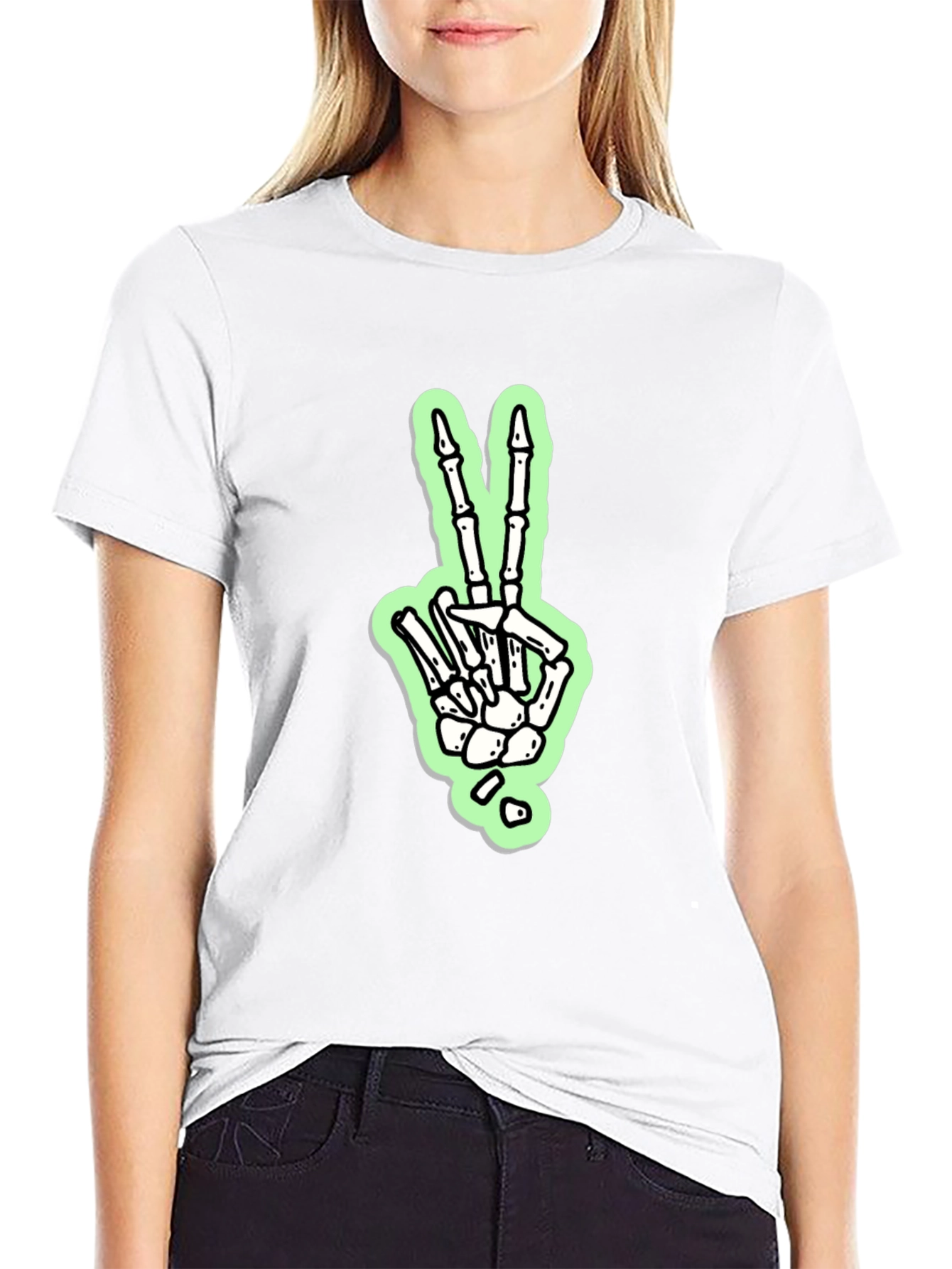 Skeleton Hand Peace Sign Graphic Tee - Black