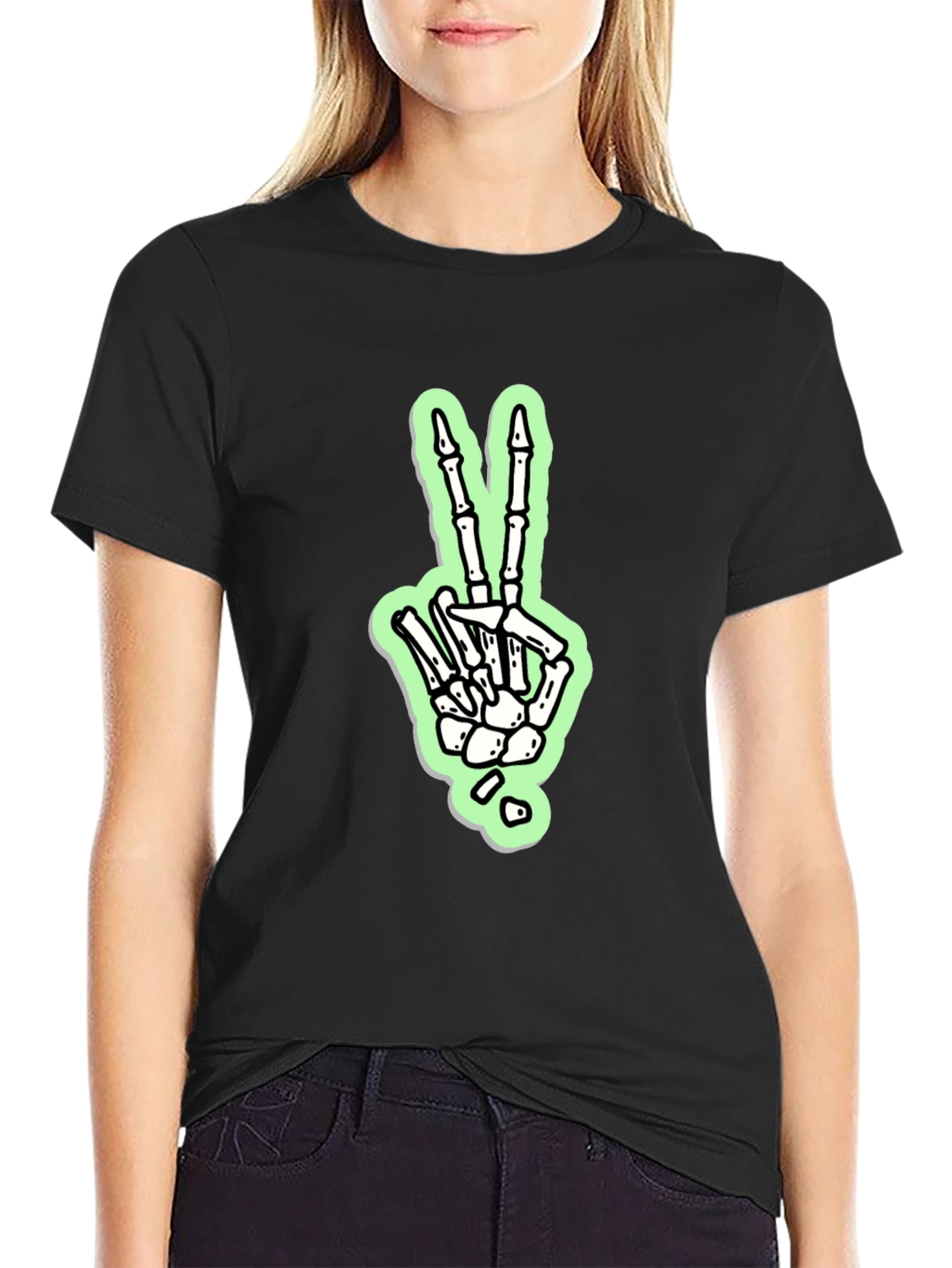 Skeleton Hand Peace Sign Graphic Tee - Black