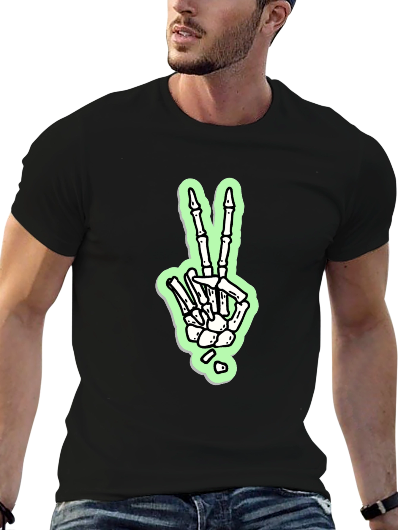 Skeleton Hand Peace Sign Graphic Tee - Black