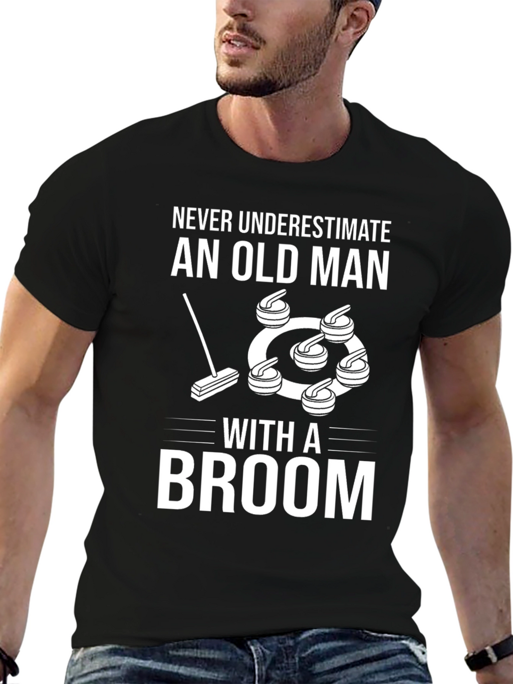 Curling Old Man Broom Graphic T-Shirt