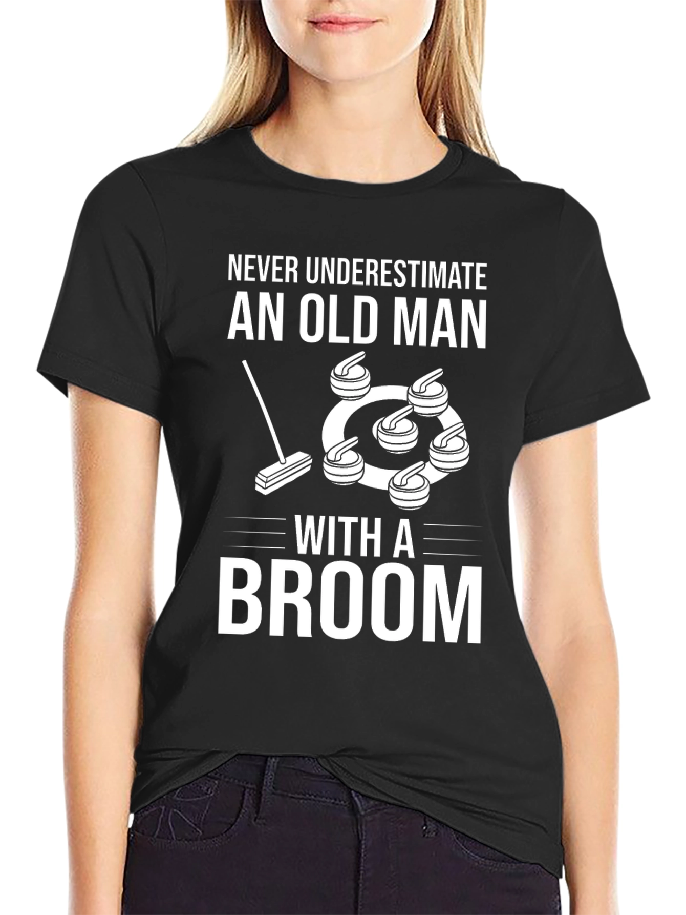 Curling Old Man Broom Graphic T-Shirt