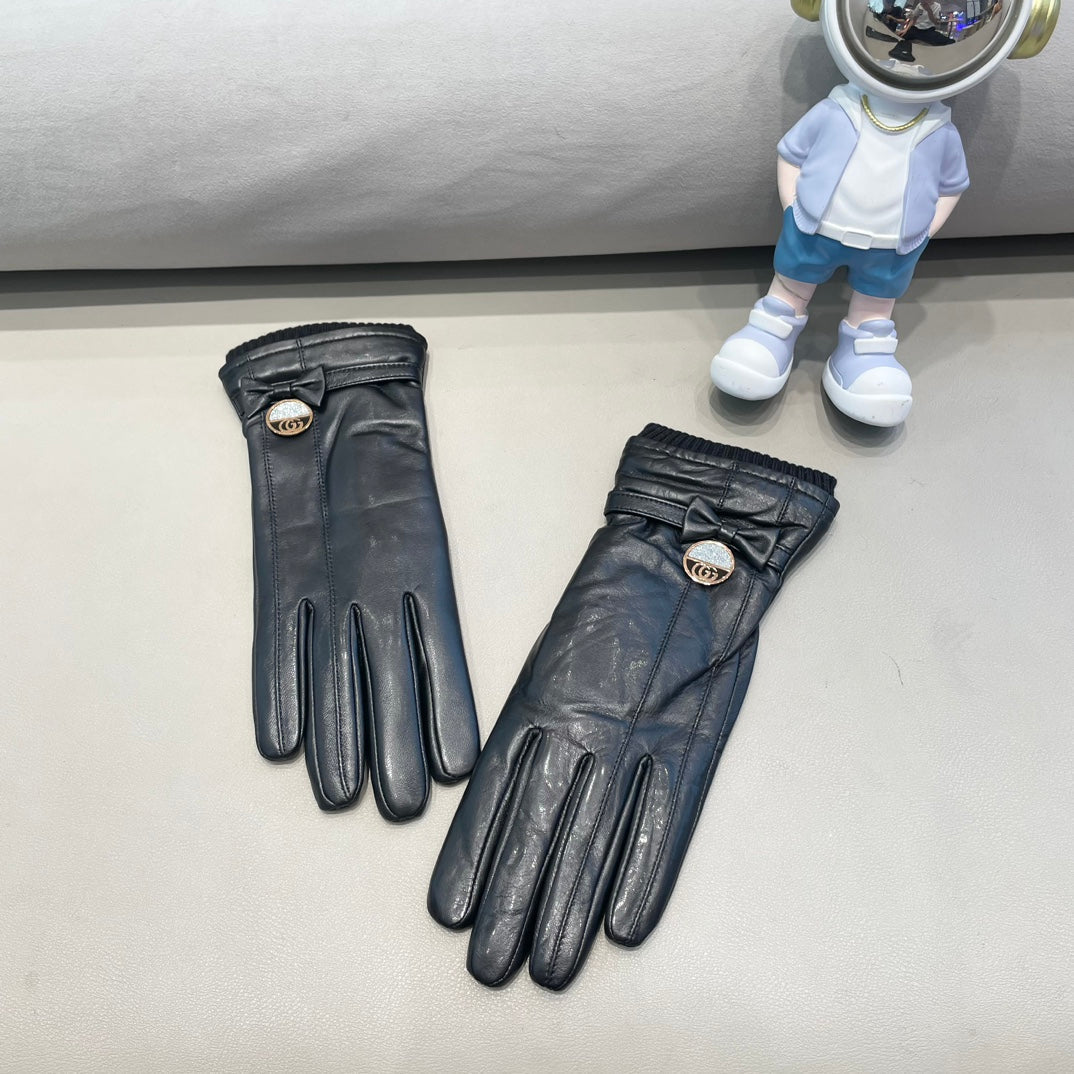 GLOVES ATTACHED BOW IN BLACK LAMBSKIN AND WOOL 429202